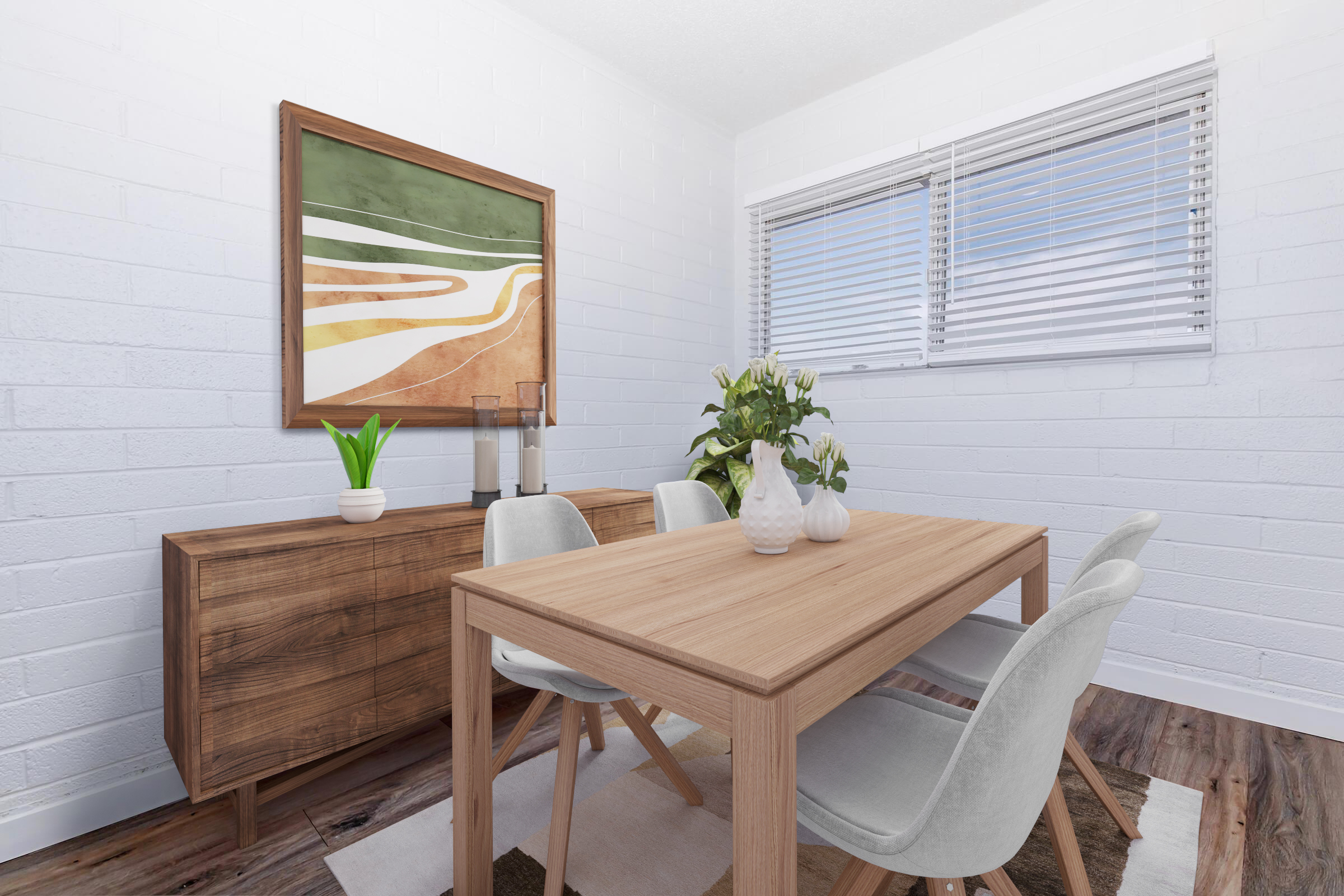 A bright dining area featuring a wooden table surrounded by four light-colored chairs. The room has a sideboard with decorative items, and a large abstract painting on the wall. Natural light streams in through a window with white blinds, adding warmth to the space. Indoor plants enhance the decor.