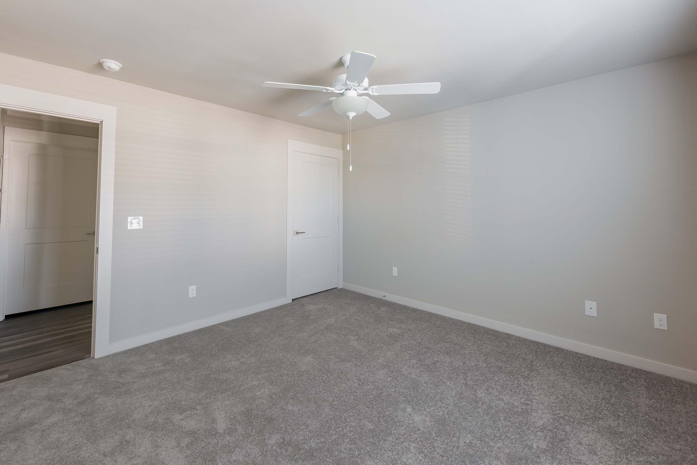 A spacious, empty room featuring light gray walls, a ceiling fan, and a plush carpeted floor. It has a white door and a closet. Natural light streams in from a window, enhancing the bright, airy feel of the space. Ideal for personalizing as a bedroom or office.