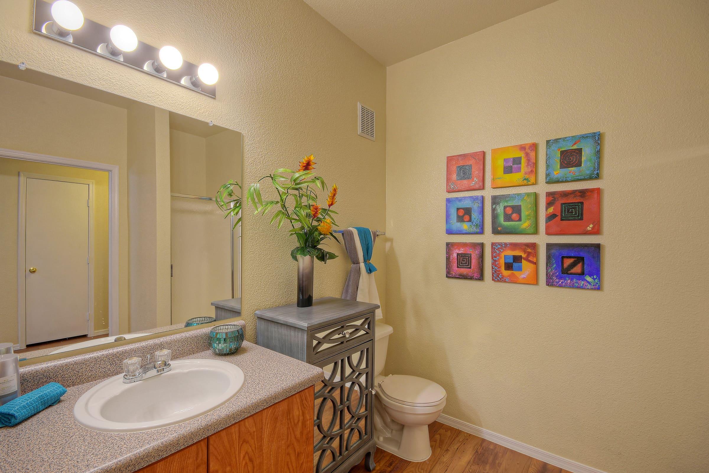 A bright bathroom featuring a mirrored sink with a lighted vanity above, a vase of flowers, and colorful abstract wall art.