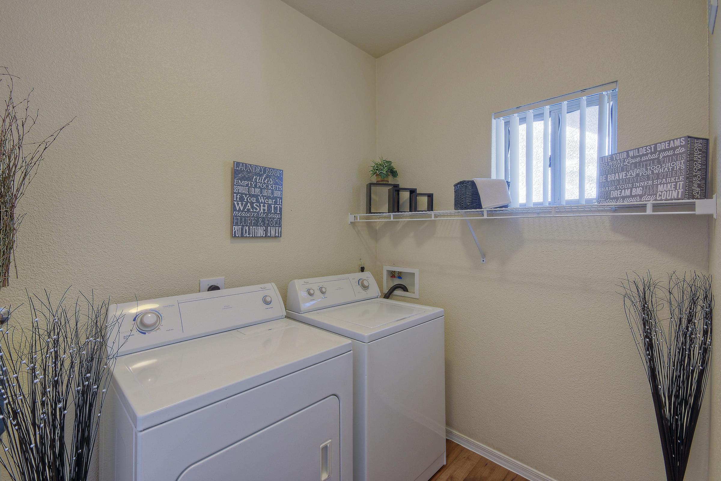 A clean laundry room featuring two white washing machines side by side. Above them is a shelf with decorative items, including a potted plant.
