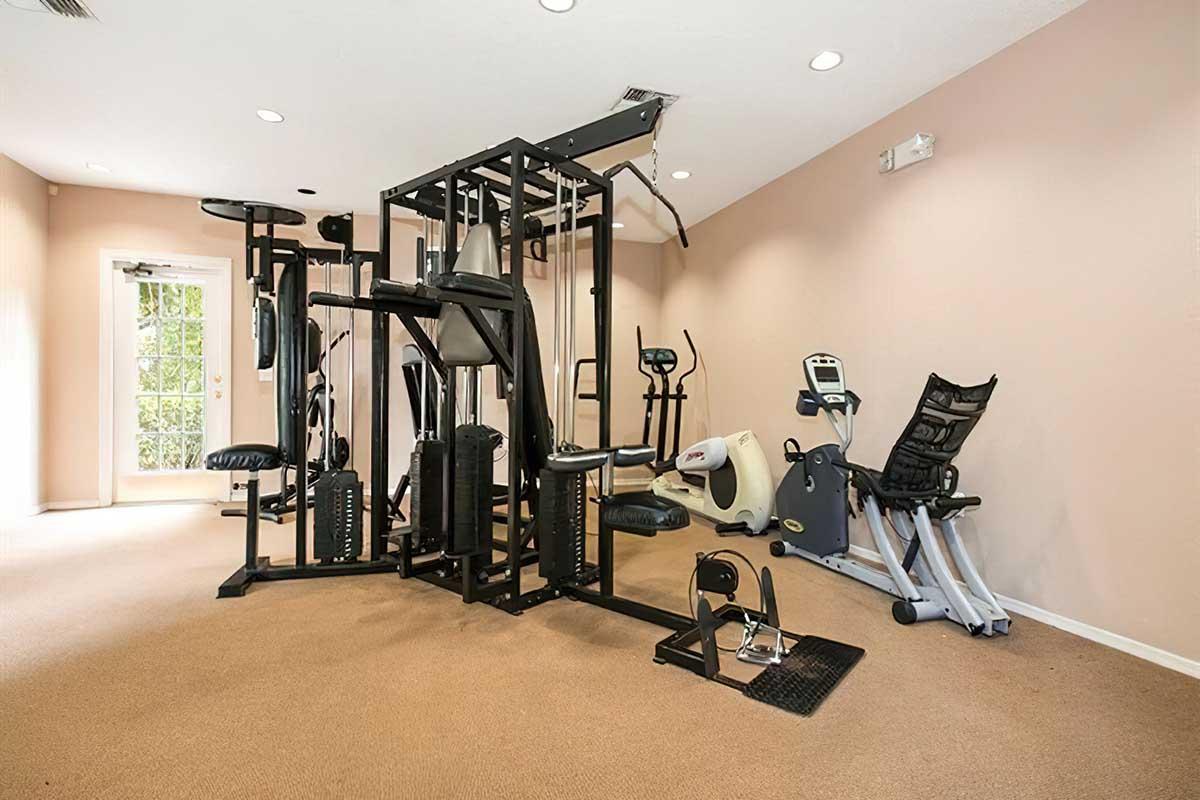 A clean and well-lit home gym featuring a multi-station weight machine, a stationary bike, and a treadmill. The walls are a soft beige, and the floor is carpeted. Large windows allow natural light to fill the space, enhancing the inviting atmosphere for exercise.