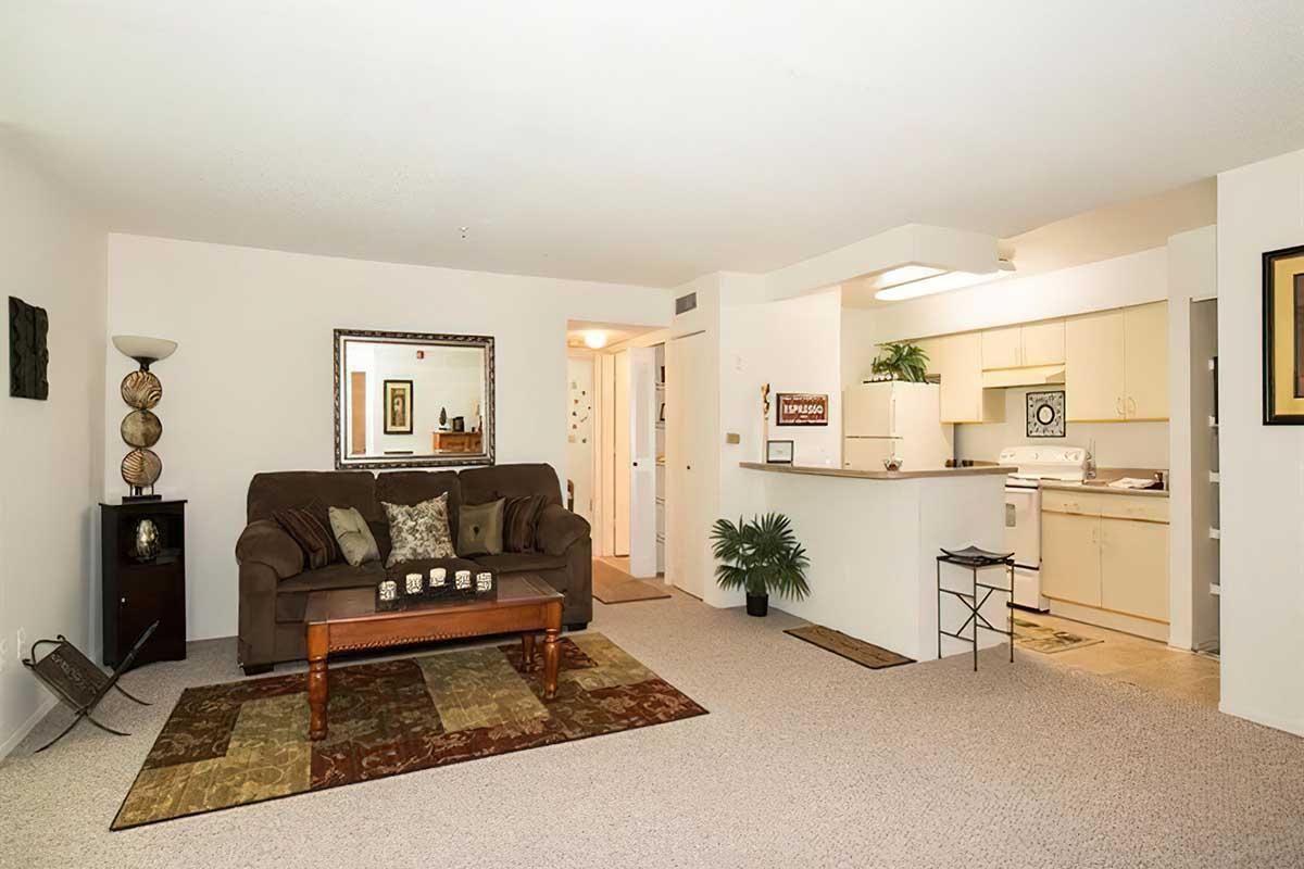 Cozy living area featuring a brown sofa with decorative pillows, a coffee table with candles, and a patterned rug. The space includes a kitchen area with light-colored cabinets and appliances. Soft lighting enhances the inviting atmosphere, complemented by decorative plants and a wall mirror.