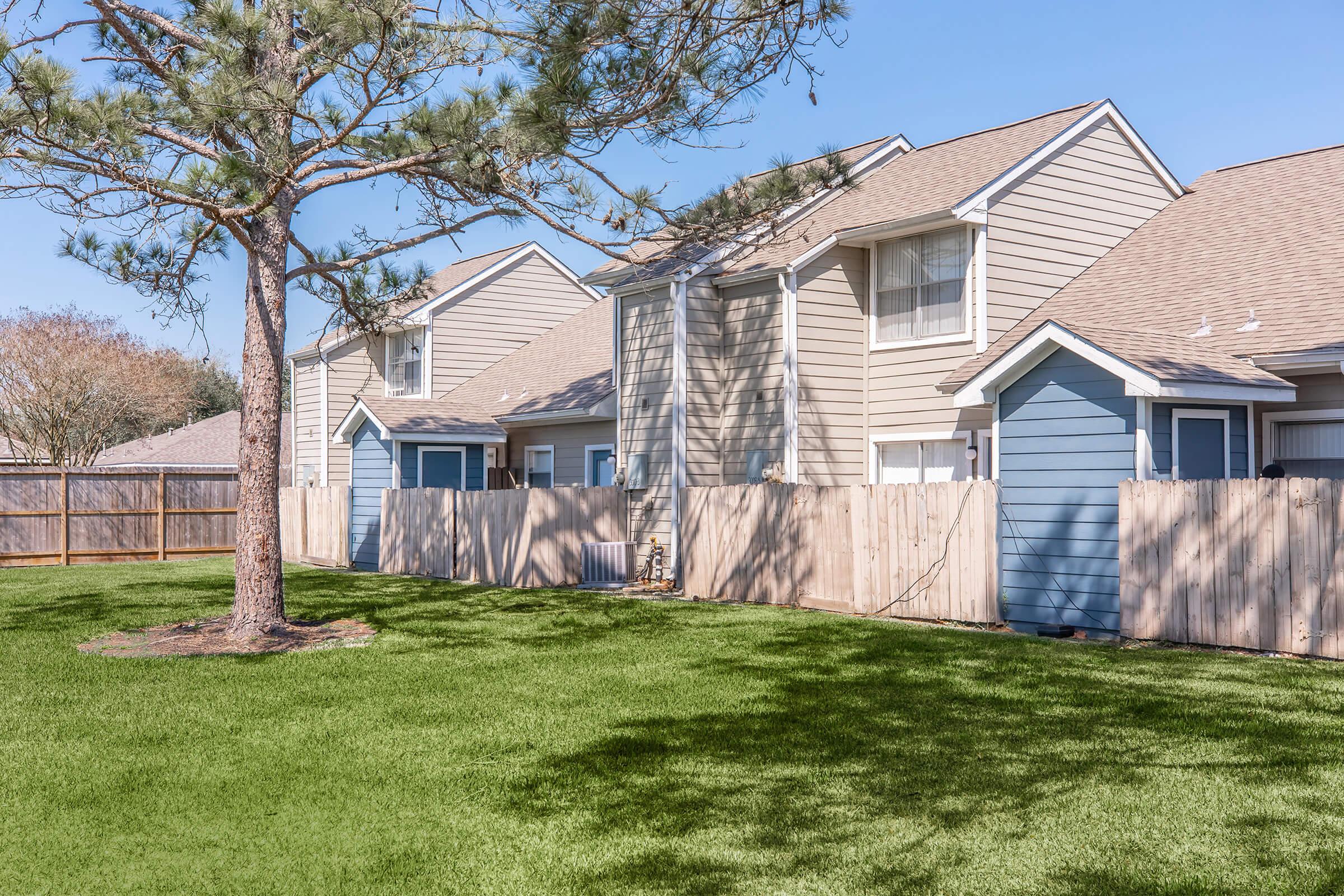 A sunny residential area featuring several beige and blue house exteriors with pitched roofs. There is a wooden fence separating the yards, and lush green grass covers the ground. A tall pine tree stands in the foreground, adding to the peaceful suburban atmosphere.