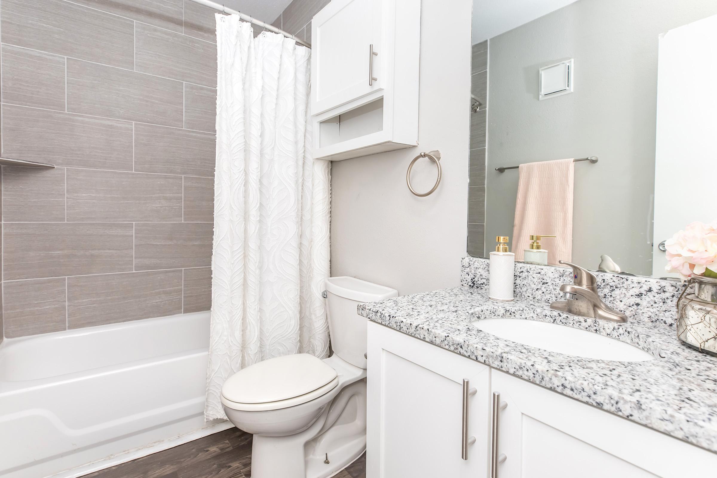 A modern bathroom featuring a bathtub with a white shower curtain, a sink with a granite countertop, a toilet, and a small shelving unit. Soft lighting and neutral wall colors create a clean and inviting atmosphere, complemented by decorative items on the counter and a towel hanging on the wall.