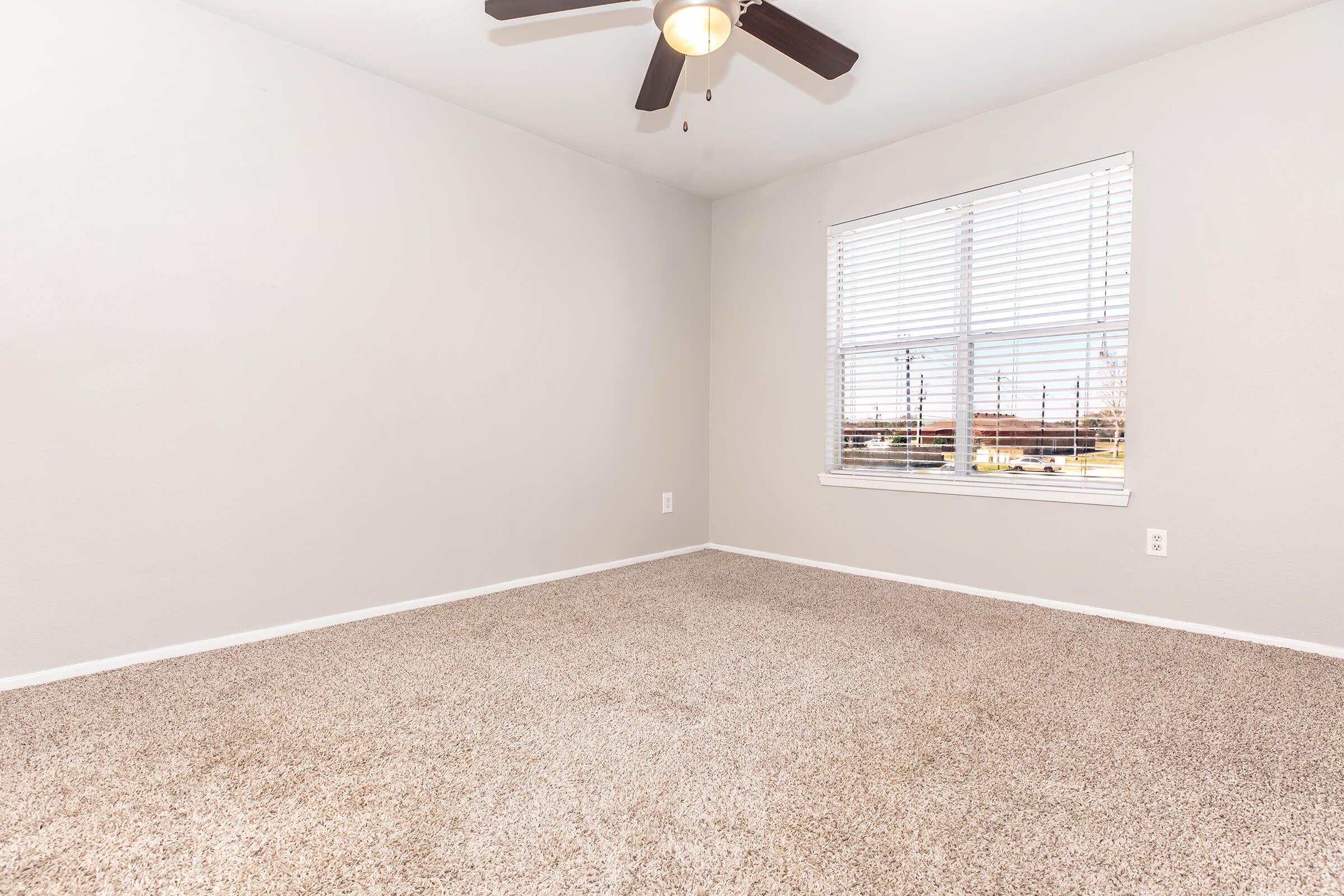 Empty room with light gray walls and plush beige carpet. A ceiling fan is mounted in the center, and there is a large window with white blinds letting in natural light. The room appears spacious and clean, suitable for various furniture arrangements.