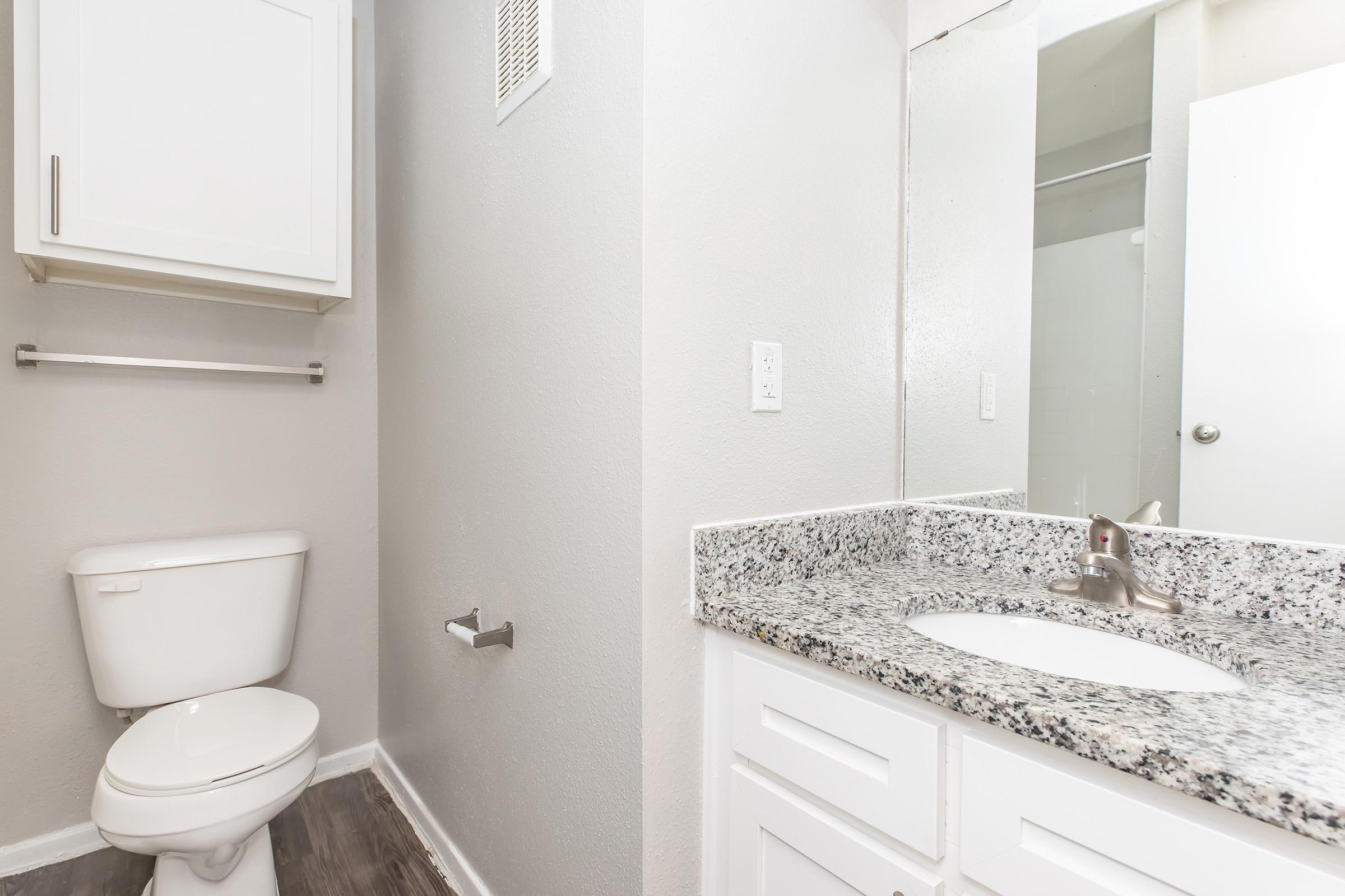 A clean bathroom featuring a white toilet, a granite countertop with a sink, and a mirror. The walls are painted light gray, and there is a small shelf above the toilet. The floor is dark, contributing to a modern and sleek aesthetic.