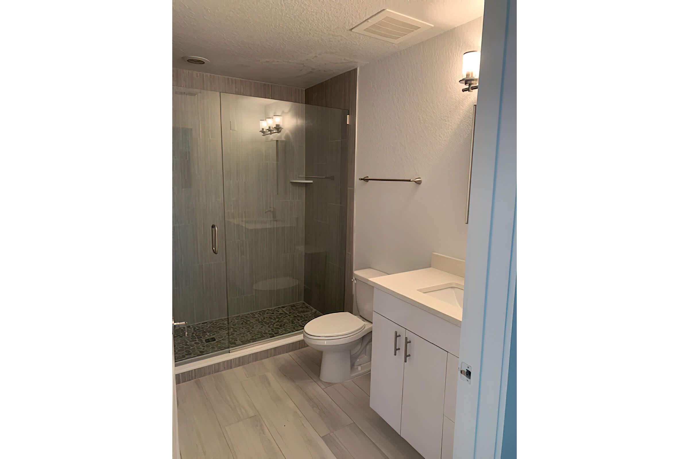 a shower that has a sink and a mirror