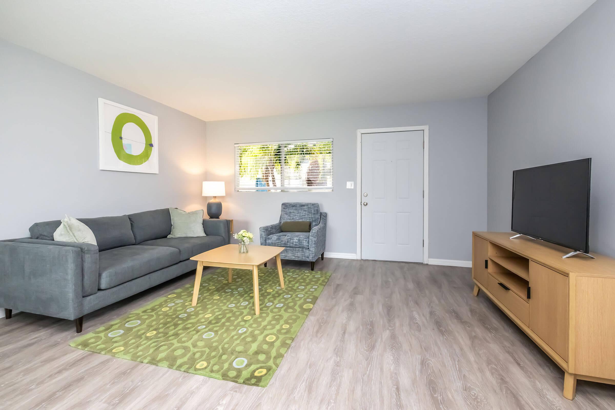 A modern living room featuring a gray sofa, a blue accent chair, a wooden coffee table, and a television on a wooden stand. The space is decorated with a green area rug, a small vase of flowers on the table, and a framed artwork on the wall. Natural light filters through a window, creating a bright ambiance.