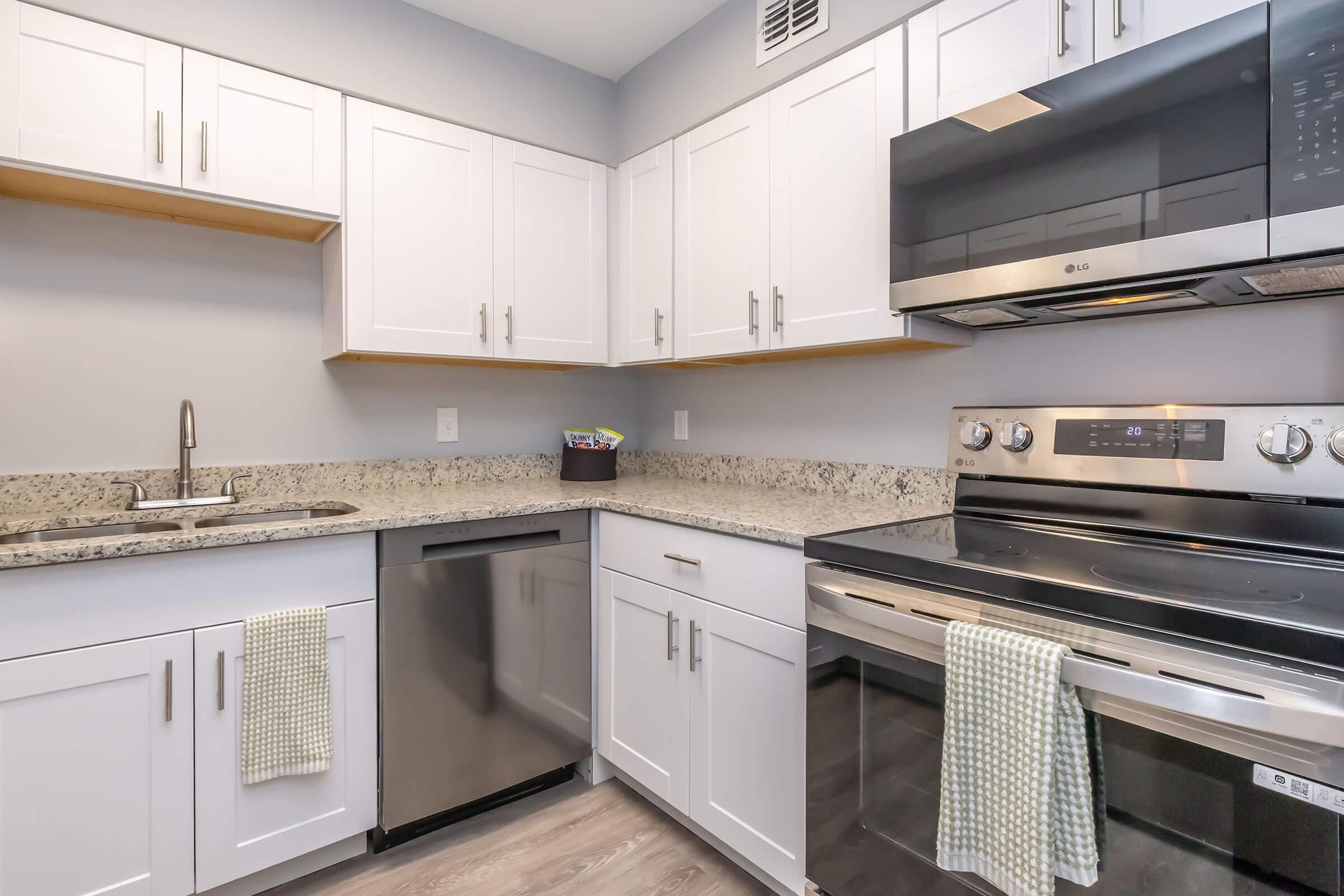 Modern kitchen featuring white cabinetry, granite countertops, and stainless steel appliances. The space includes a sink, dishwasher, electric stove, and microwave. Two tea towels hang from the oven. The walls are painted light gray, and the flooring is a light wood finish.