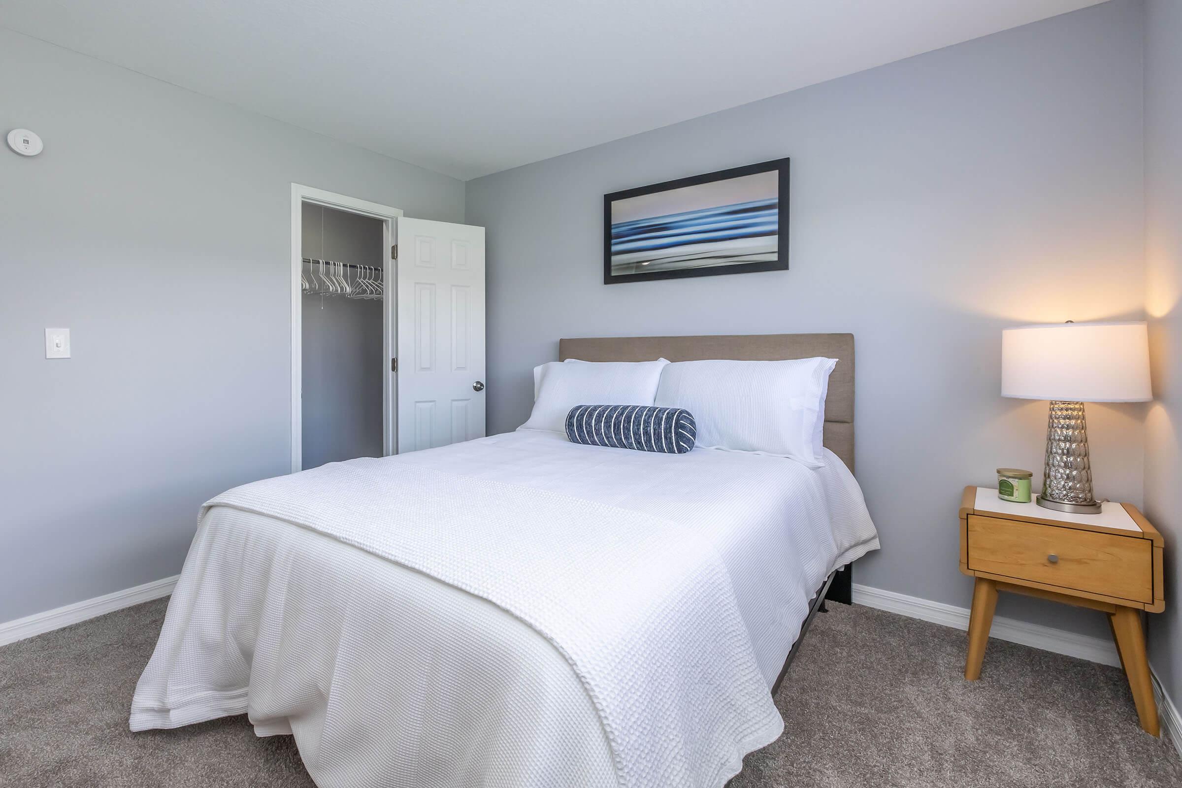 A stylishly designed bedroom featuring a queen-sized bed with white bedding, a decorative blue pillow, and a bedside table with a lamp. The walls are painted light gray, and there's a framed landscape artwork above the bed. A closet door is visible in the background, adding to the room's modern look.