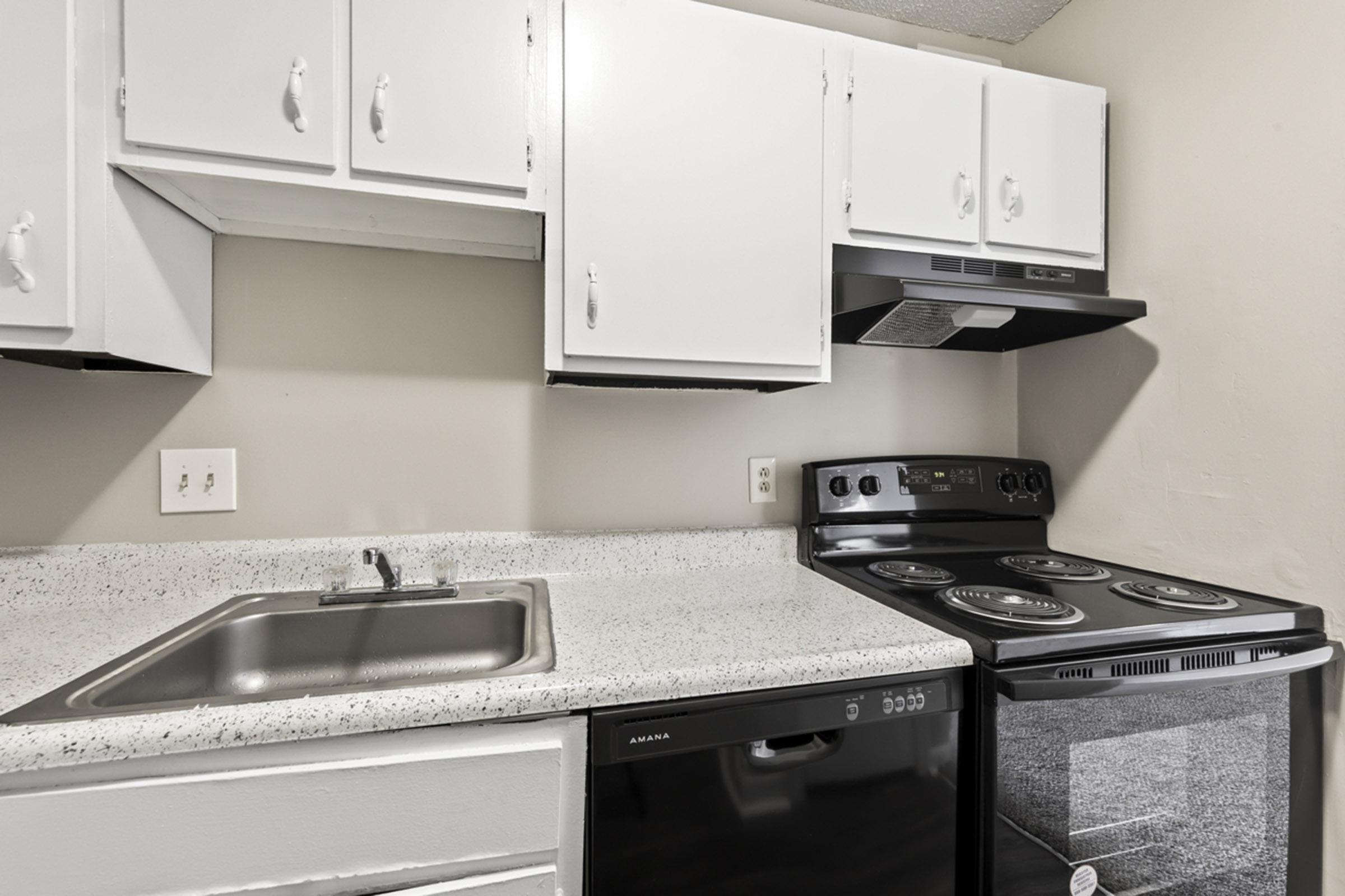 A compact kitchen featuring white cabinets, a stainless steel sink, a black stove and oven, a black dishwasher, and a light-colored countertop. The walls are painted a neutral color, providing a clean and simple aesthetic. The kitchen is well-lit and organized.