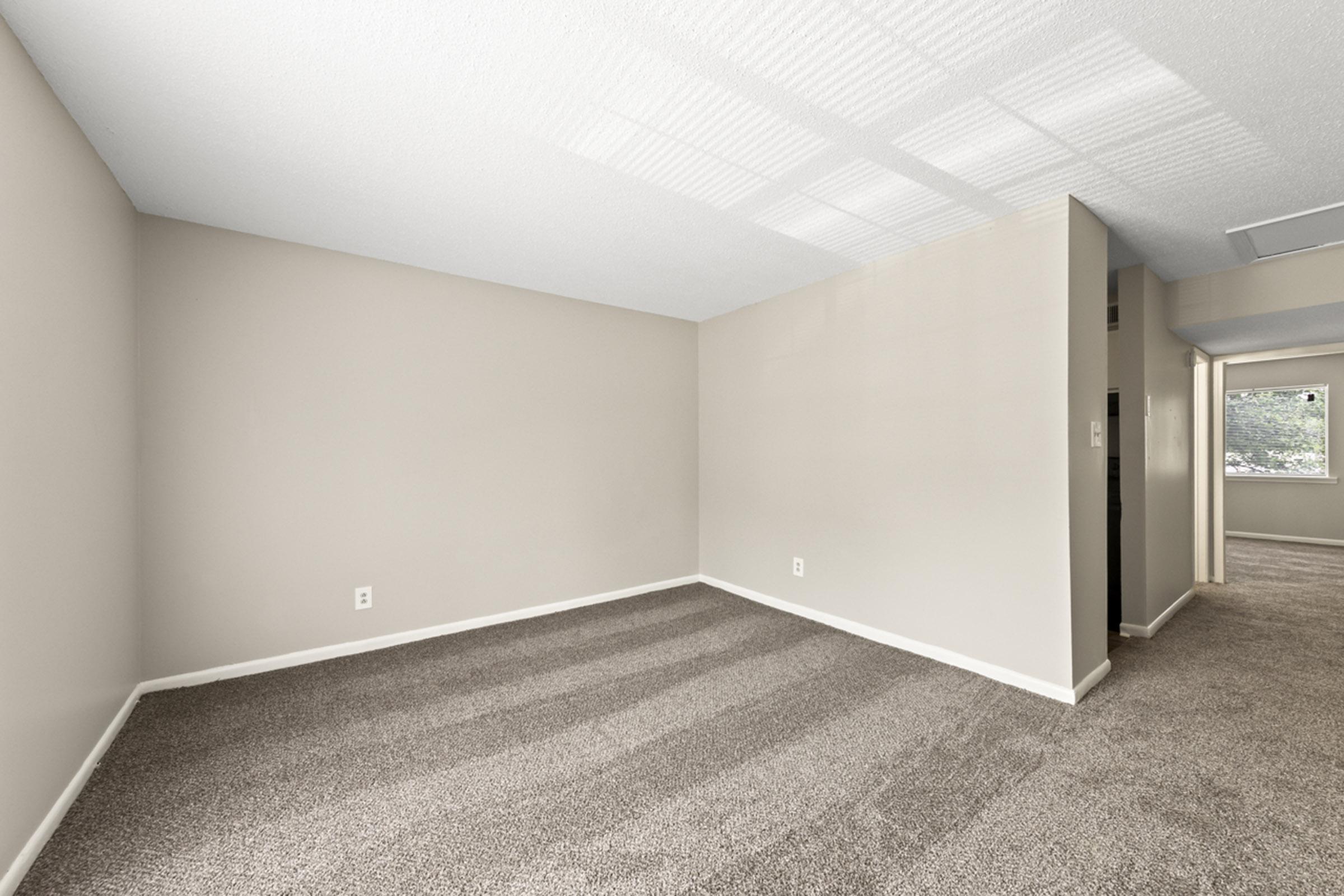 A spacious, empty room with light beige walls and soft gray carpeting. Natural light filters in through a window on the right, creating a bright, airy atmosphere. The room features a simple layout with no furnishings, ideal for decorating or repurposing.