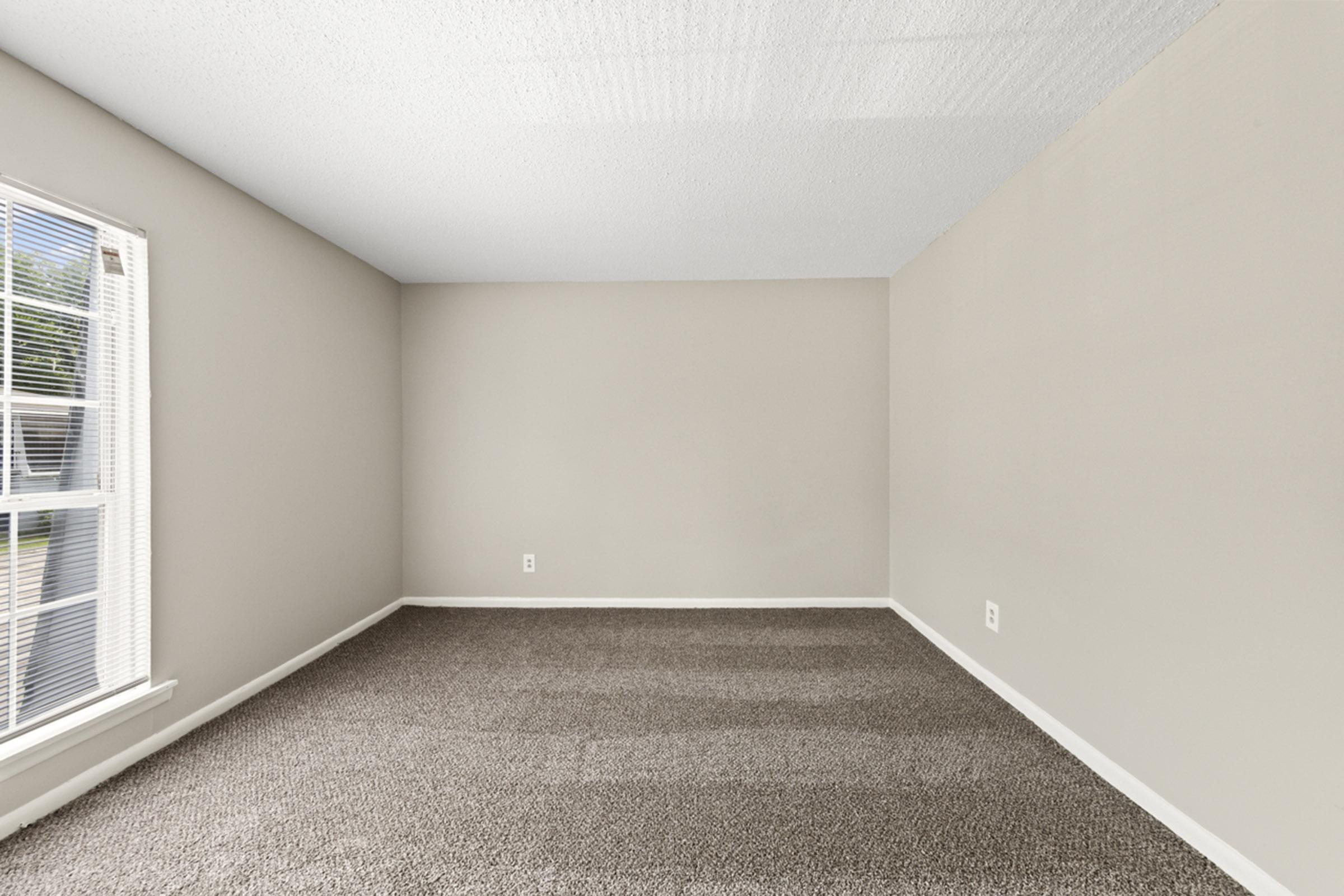 A vacant room with beige walls and carpeted flooring, featuring a large window that lets in natural light. The walls are free of decorations, creating a clean and simple appearance. The ceiling has a textured finish, and there is a single electrical outlet visible.