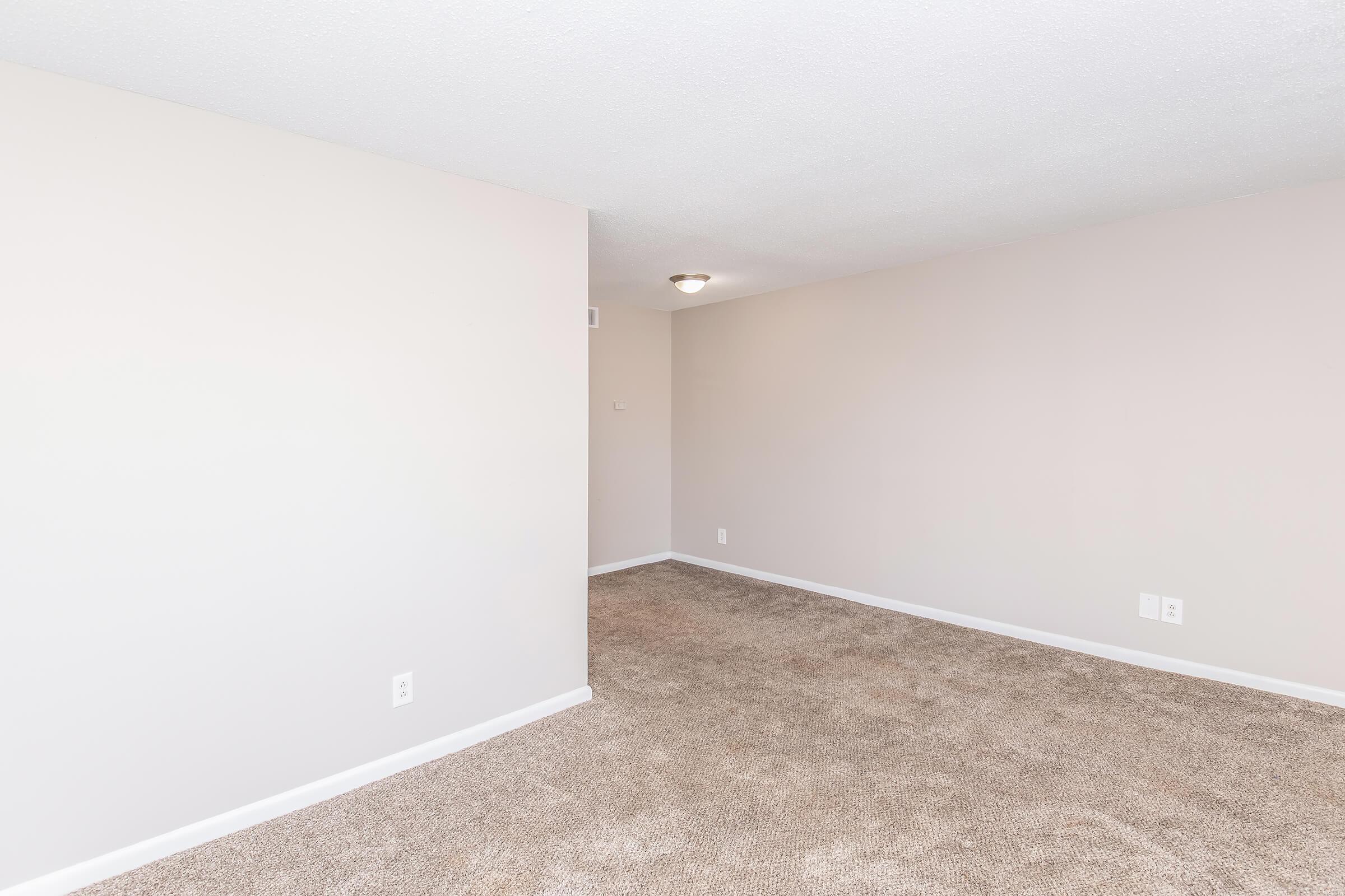 A blank room with light beige walls and carpeted flooring. A ceiling light fixture is present, and there is a small wall on the left. The space appears empty and well-lit, suitable for various uses like a living room or office.