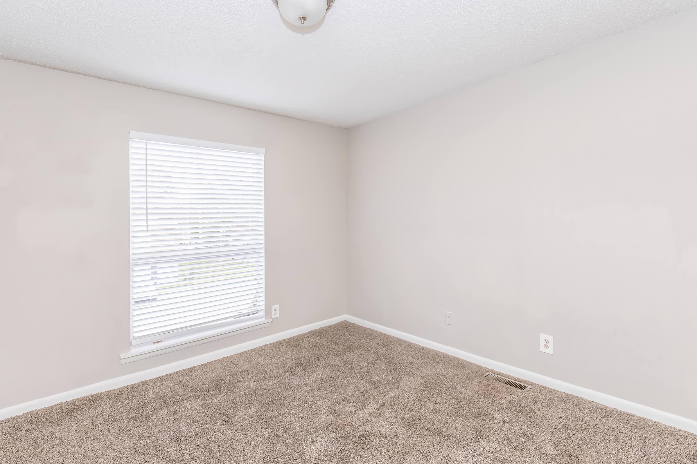 A bright, empty room with light beige walls and carpet. A window with white blinds allows natural light in, and a simple ceiling light fixture hangs above. The floor is covered with soft, plush carpet, and there are no furniture or decorations in the space, creating a clean and open feel.