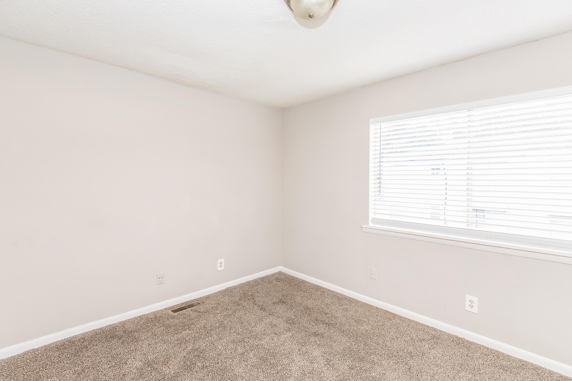 Empty room with light gray walls and a carpeted floor. A window with white blinds allows natural light to enter, illuminating the space. The ceiling features a simple light fixture. The overall appearance is clean and minimalistic, suitable for various uses or designs.