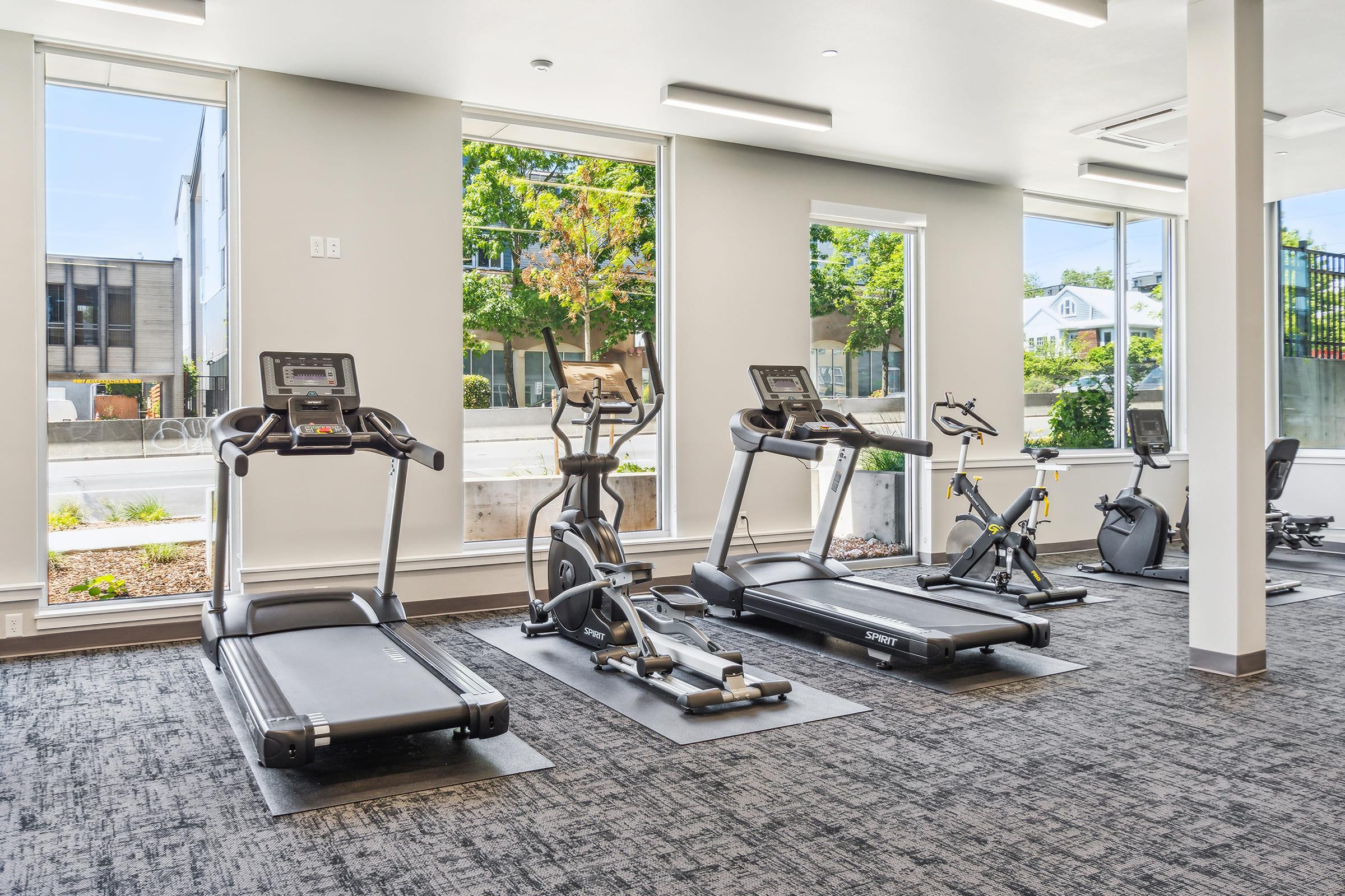 A modern gym interior featuring a variety of exercise equipment, including treadmills, an elliptical machine, and a stationary bike. Large windows allow natural light to brighten the space, which is designed with a neutral color palette and a carpeted floor. Greenery is visible outside.