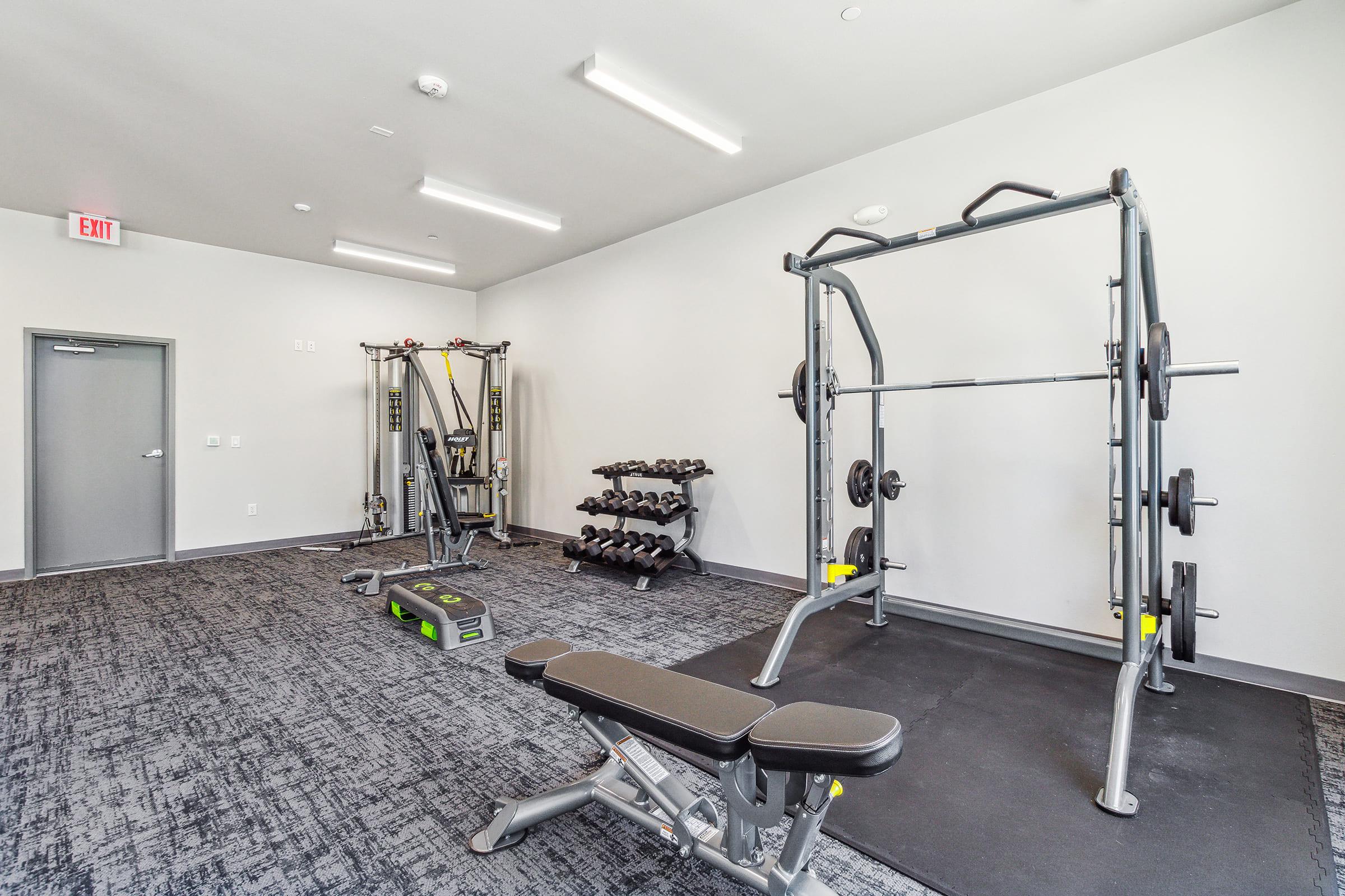 A modern gym space featuring a squat rack, weight bench, and a selection of free weights. There are also various fitness machines visible, all set against a clean, minimalist backdrop with gray walls and flooring. Ample lighting enhances the open and inviting atmosphere.