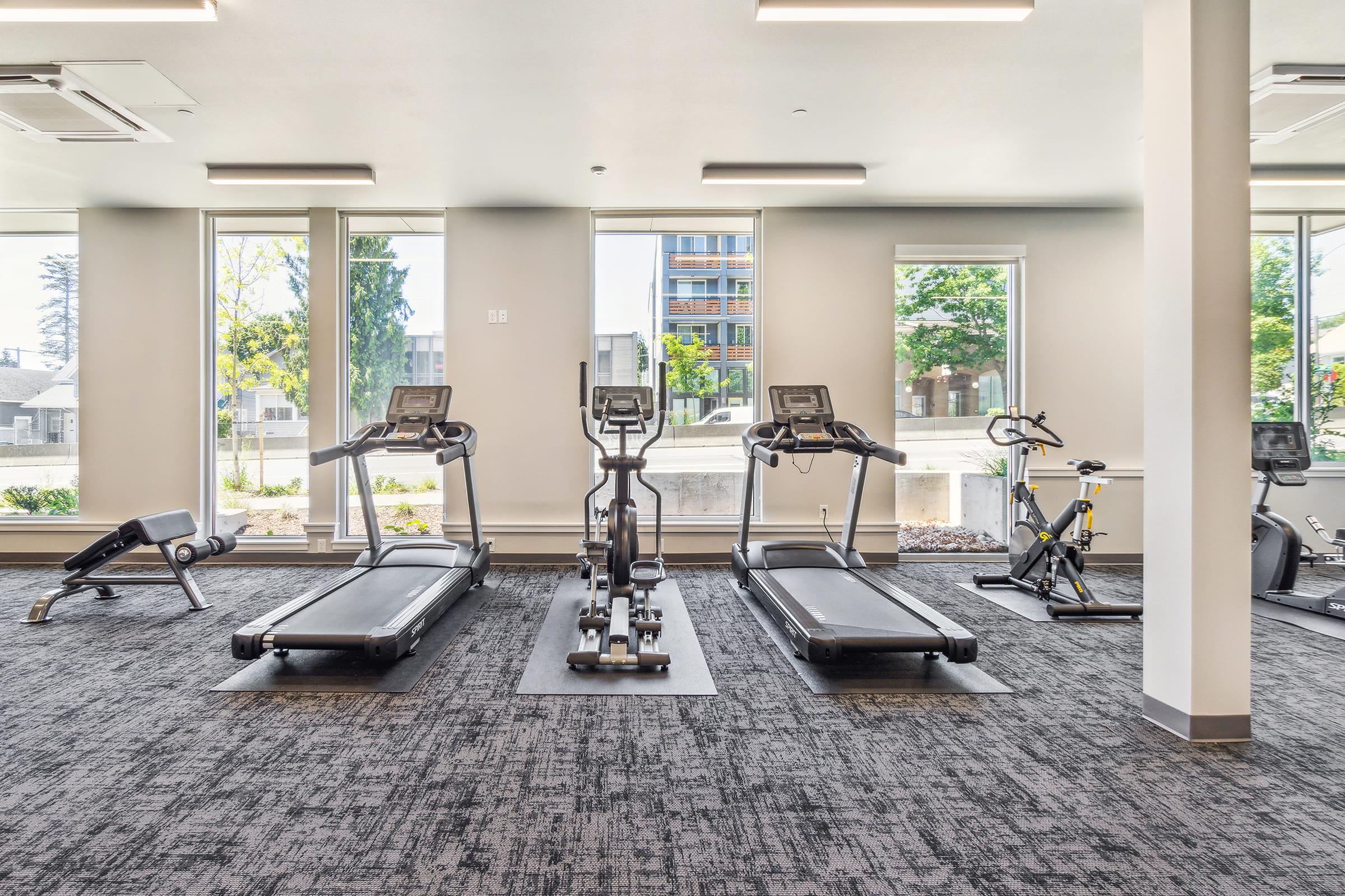 A modern gym interior featuring several exercise machines, including treadmills, an elliptical machine, and a stationary bike. Large windows provide natural light and views of greenery outside, while the space has a clean and contemporary design with gray carpet flooring.