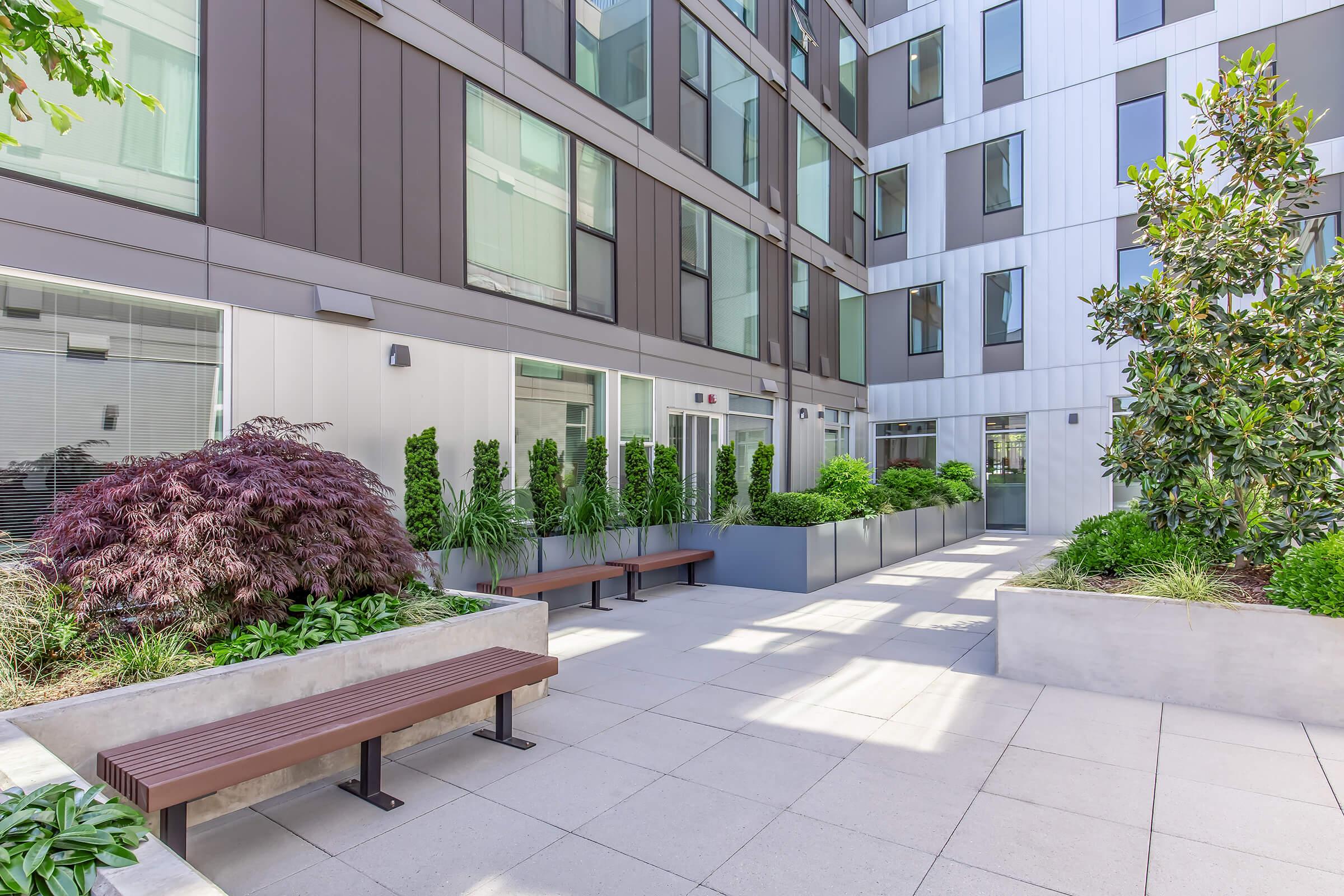 A modern outdoor courtyard featuring greenery, neatly trimmed bushes, and trees. There are two wooden benches positioned along the space, surrounded by contemporary architecture with a mix of light and dark exterior panels. The area is well-lit with large windows adjacent to the courtyard.