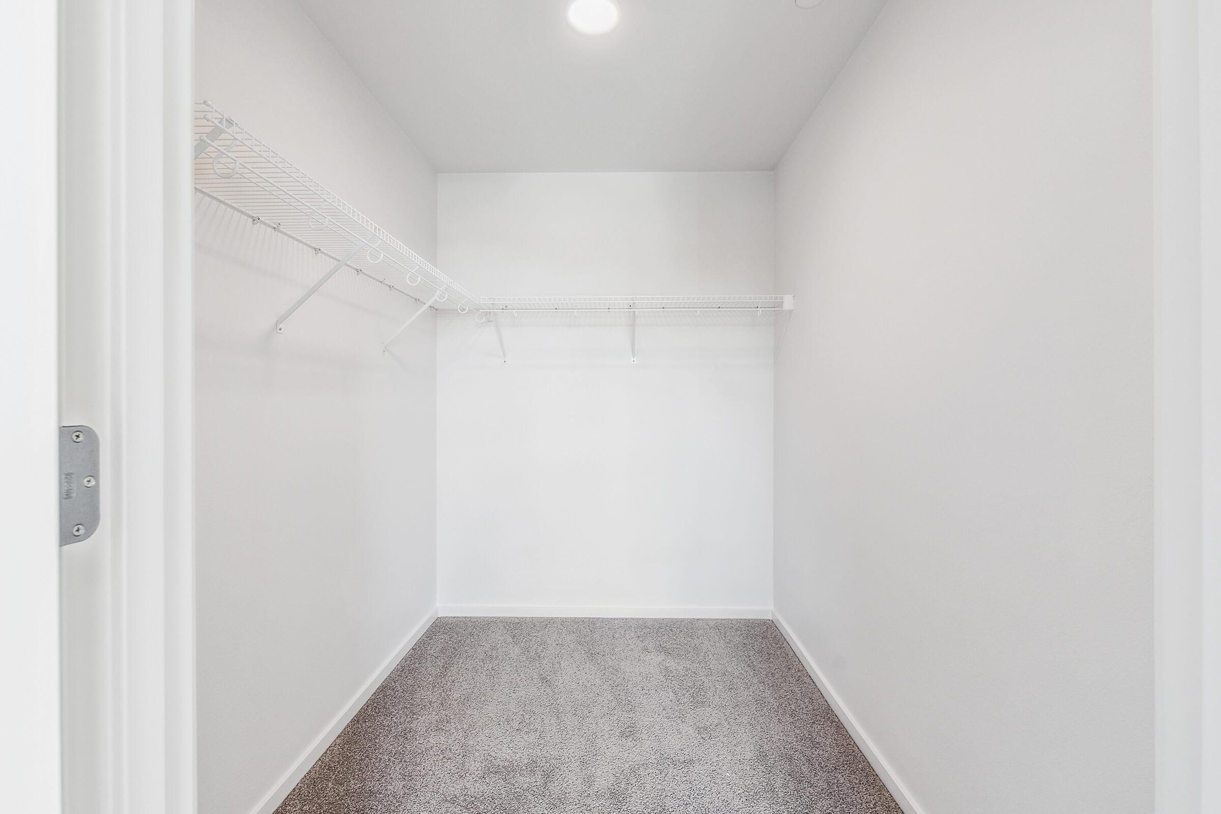 Empty closet with white walls and a light-colored carpet. Featuring a wire shelving unit along the back wall and hooks on the sides, the space is well-lit with a ceiling light, creating a clean and spacious appearance.