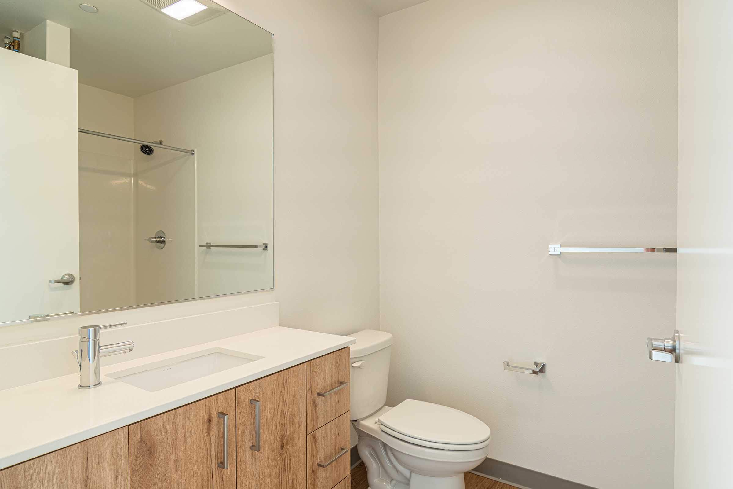 Modern bathroom featuring a glass shower enclosure, a large wall mirror above a white countertop with a sink, and wooden cabinetry. A toilet is positioned next to the sink, and there is a towel rack on the wall. The walls are painted in a light color, contributing to an airy and clean aesthetic.