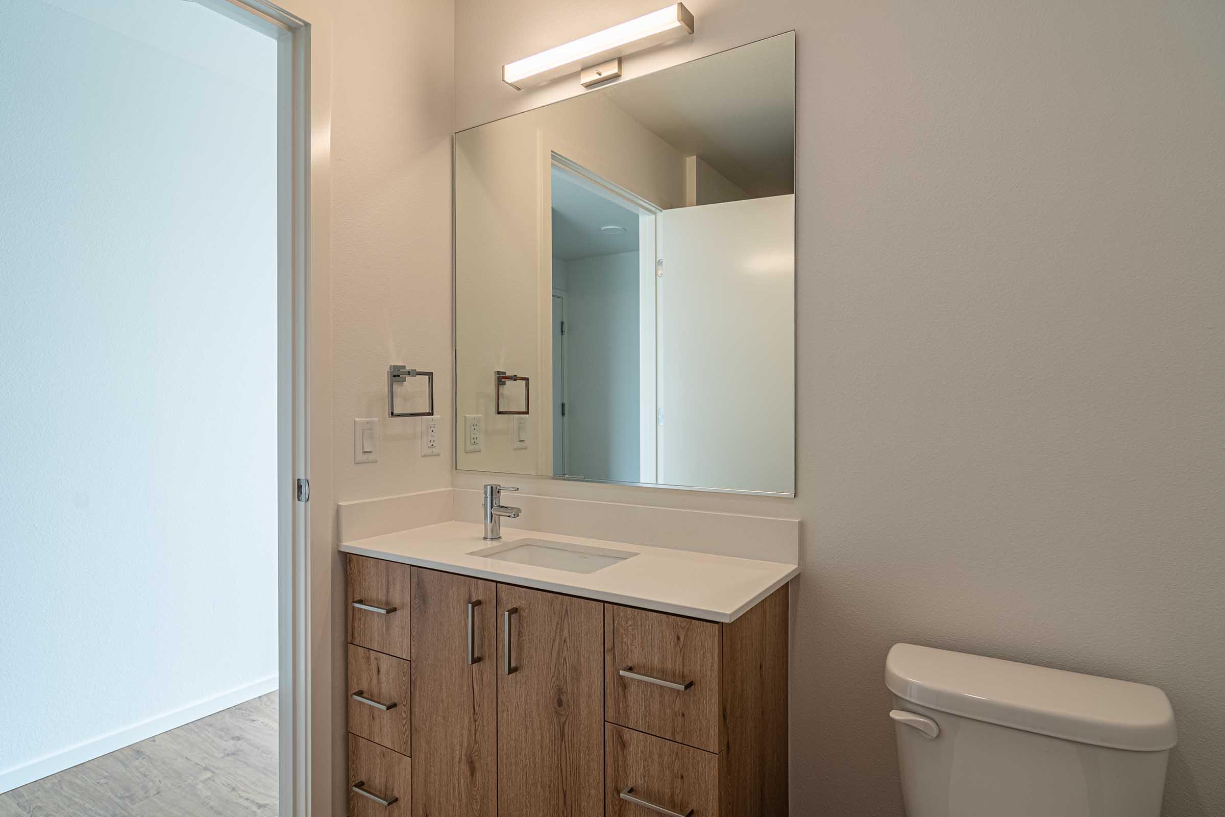 A modern bathroom featuring a sleek vanity with a white countertop and wooden cabinetry, a large mirror with a light above, a toilet in the corner, and a view of a doorway leading to another room. The walls are painted in a light color, creating a clean and airy atmosphere.