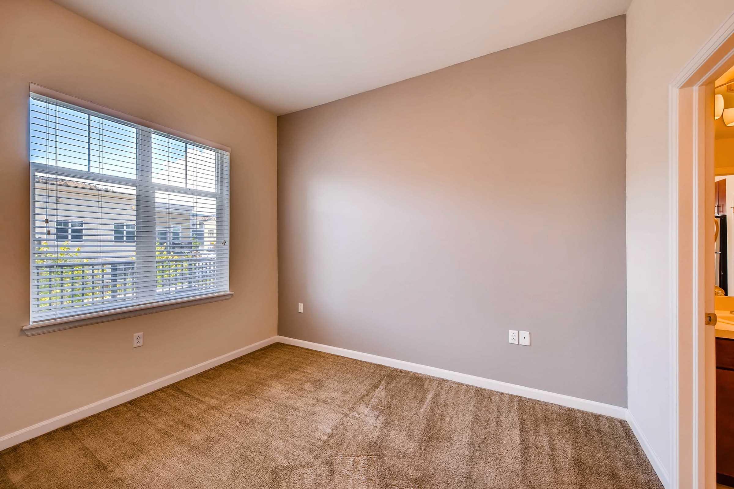 Empty room with beige walls and a large window covered by blinds. The floor is carpeted in a light brown shade. One corner has an entrance leading to a bathroom, indicating the space is part of a larger living area. Natural light fills the room, creating a bright and airy atmosphere.
