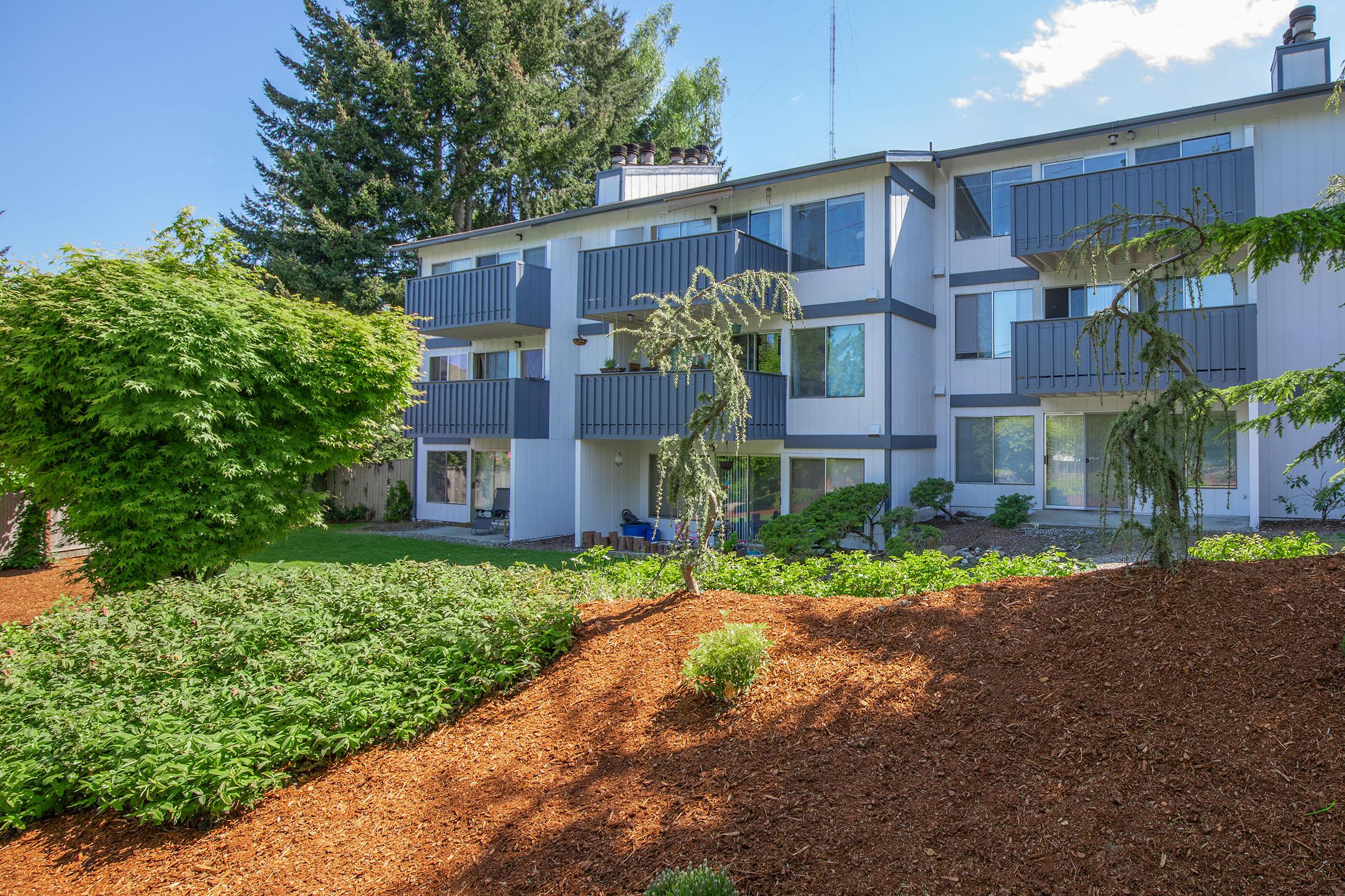 a house with bushes in front of a building