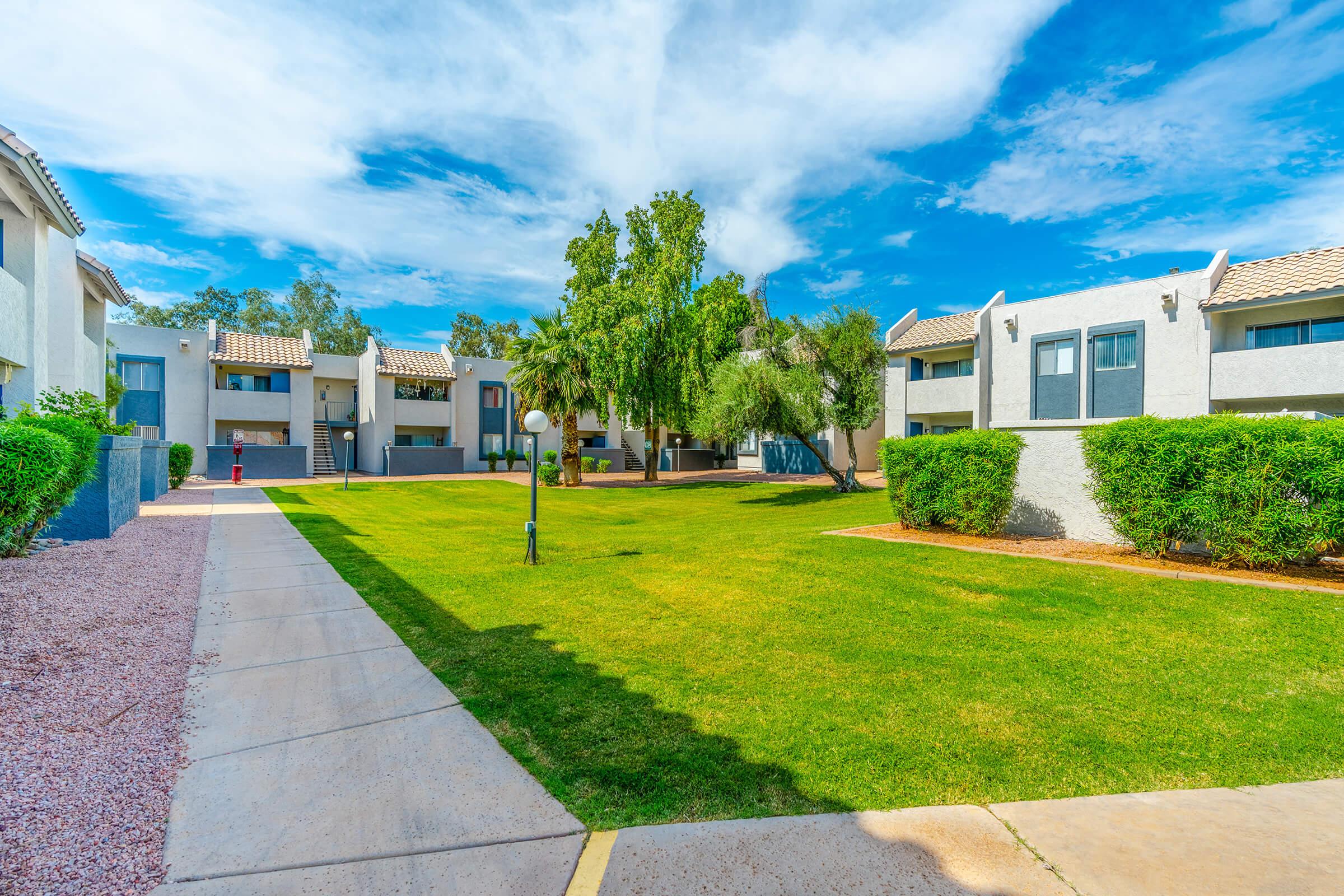 The Rise Thunderbird green open space surrounded by the apartments. 