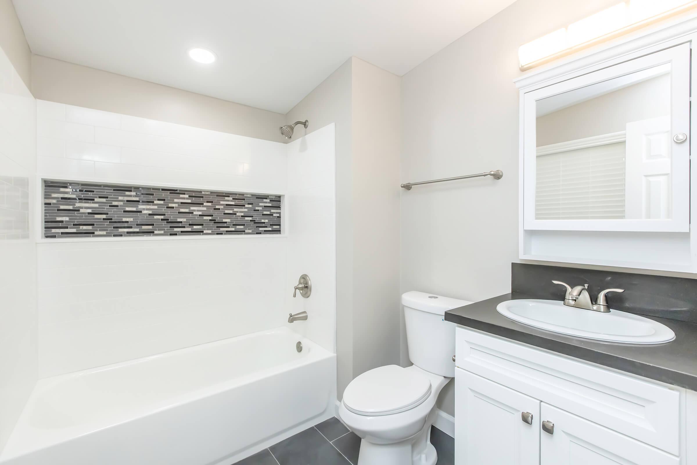 A modern bathroom featuring a white bathtub with a gray tile accent wall, a sleek white toilet, and a dark countertop with a sink. The room is well-lit with overhead lighting and includes a mirrored cabinet above the sink. Neutral-colored walls and a clean, minimalist design create a spacious feel.