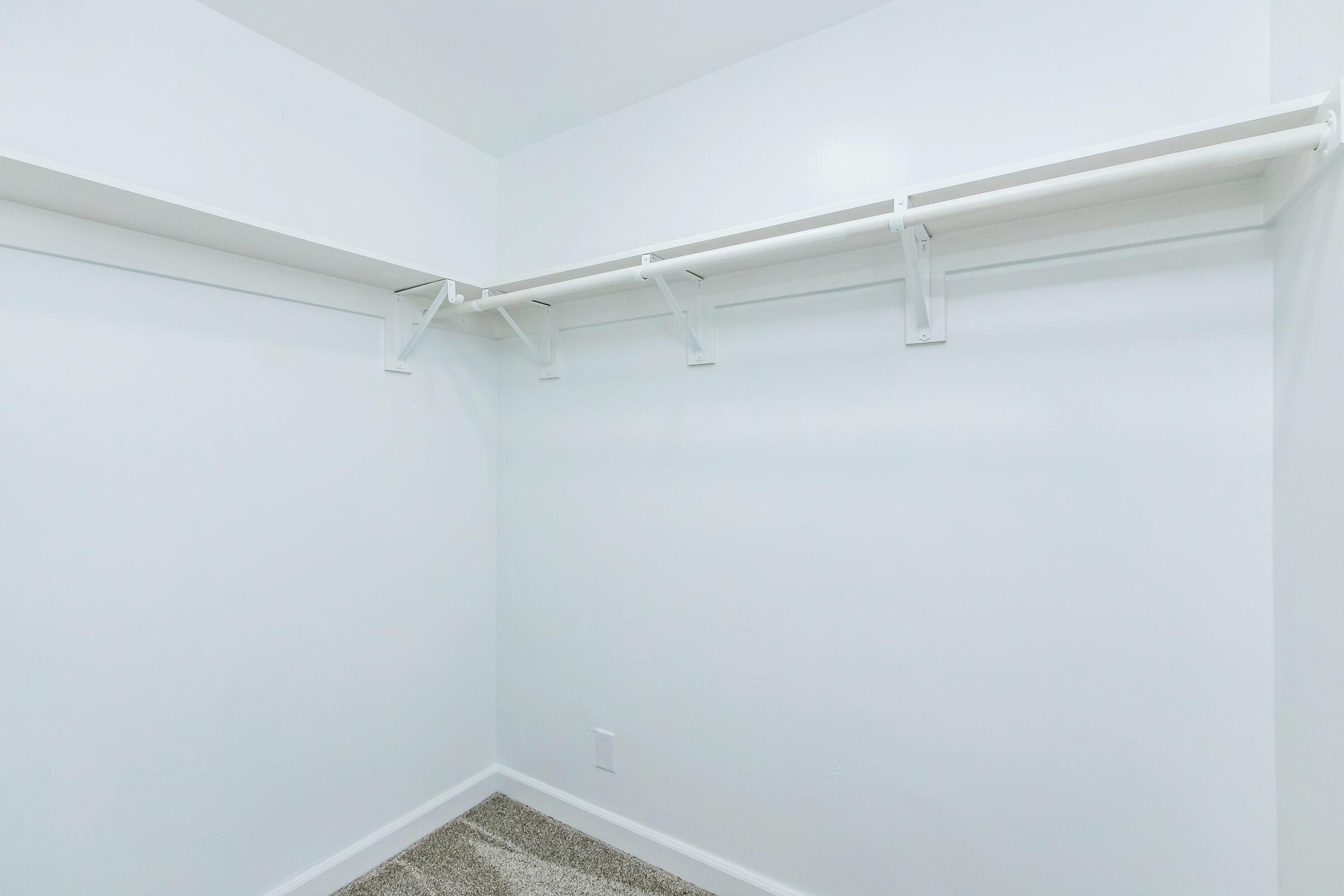 Empty closet with white walls and two hanging rods. The floor is carpeted in a light color, and the space is well-lit and minimalistic.