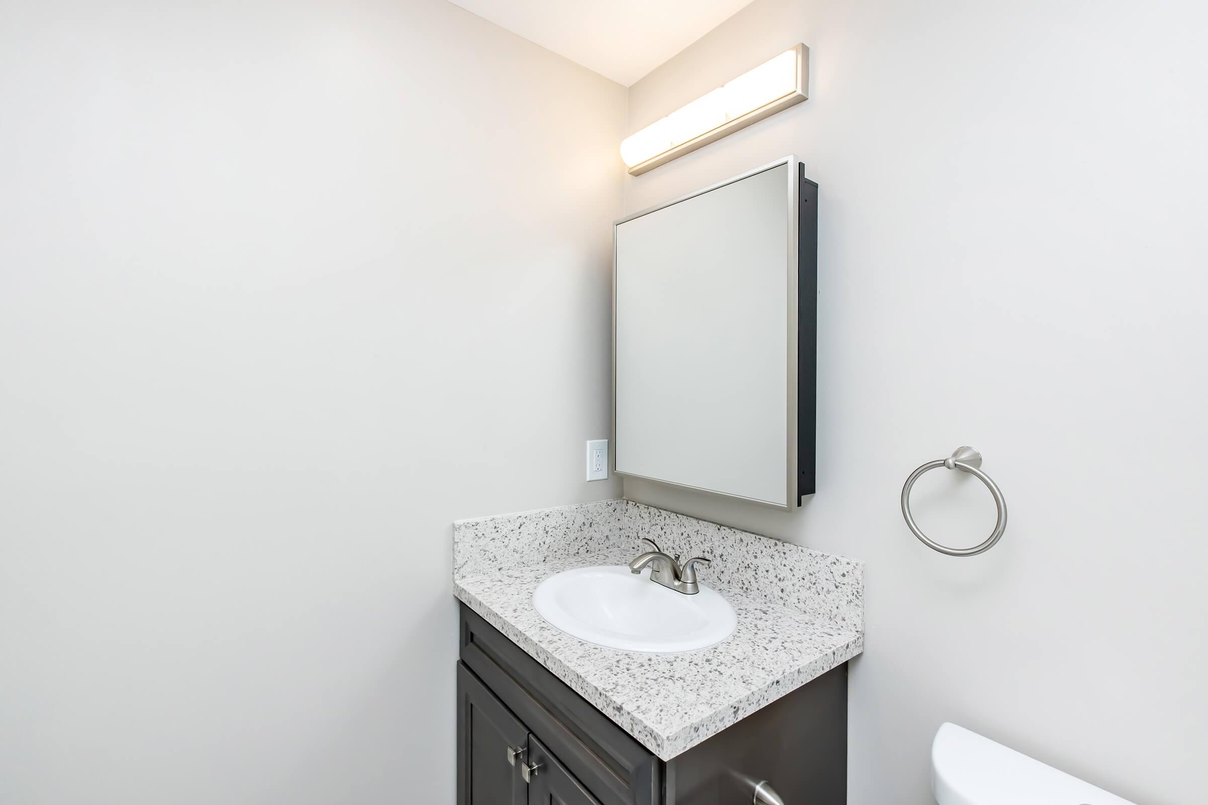 A modern bathroom with a light-colored wall, a mirror mounted above a dark vanity with a granite countertop, and a stylish faucet. The space includes a towel ring and has bright overhead lighting for a clean, open feel.