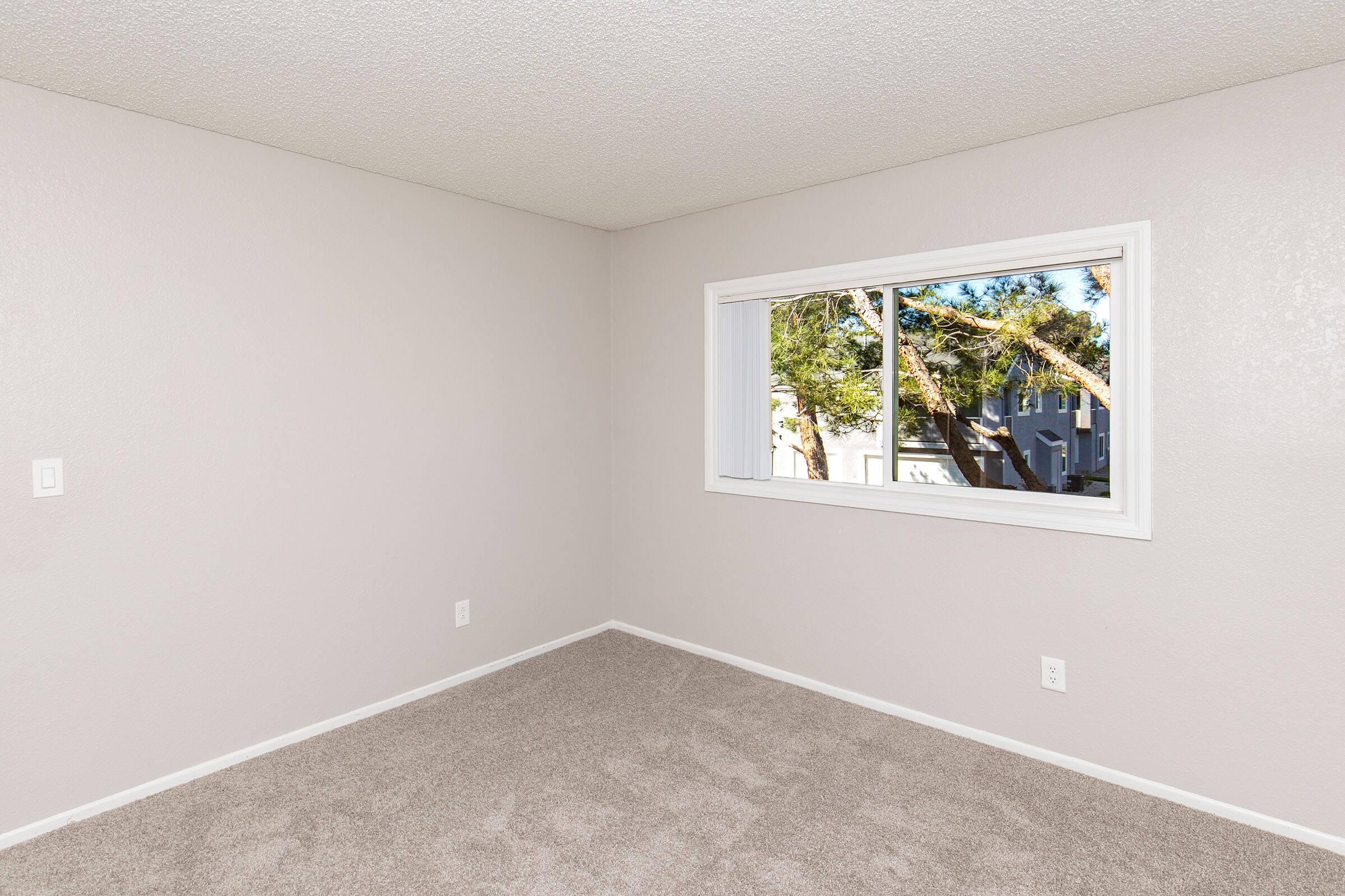 Empty room with light gray walls and newly carpeted flooring. A large window offers natural light and a view of trees outside. The space appears clean and well-maintained, suitable for various uses.