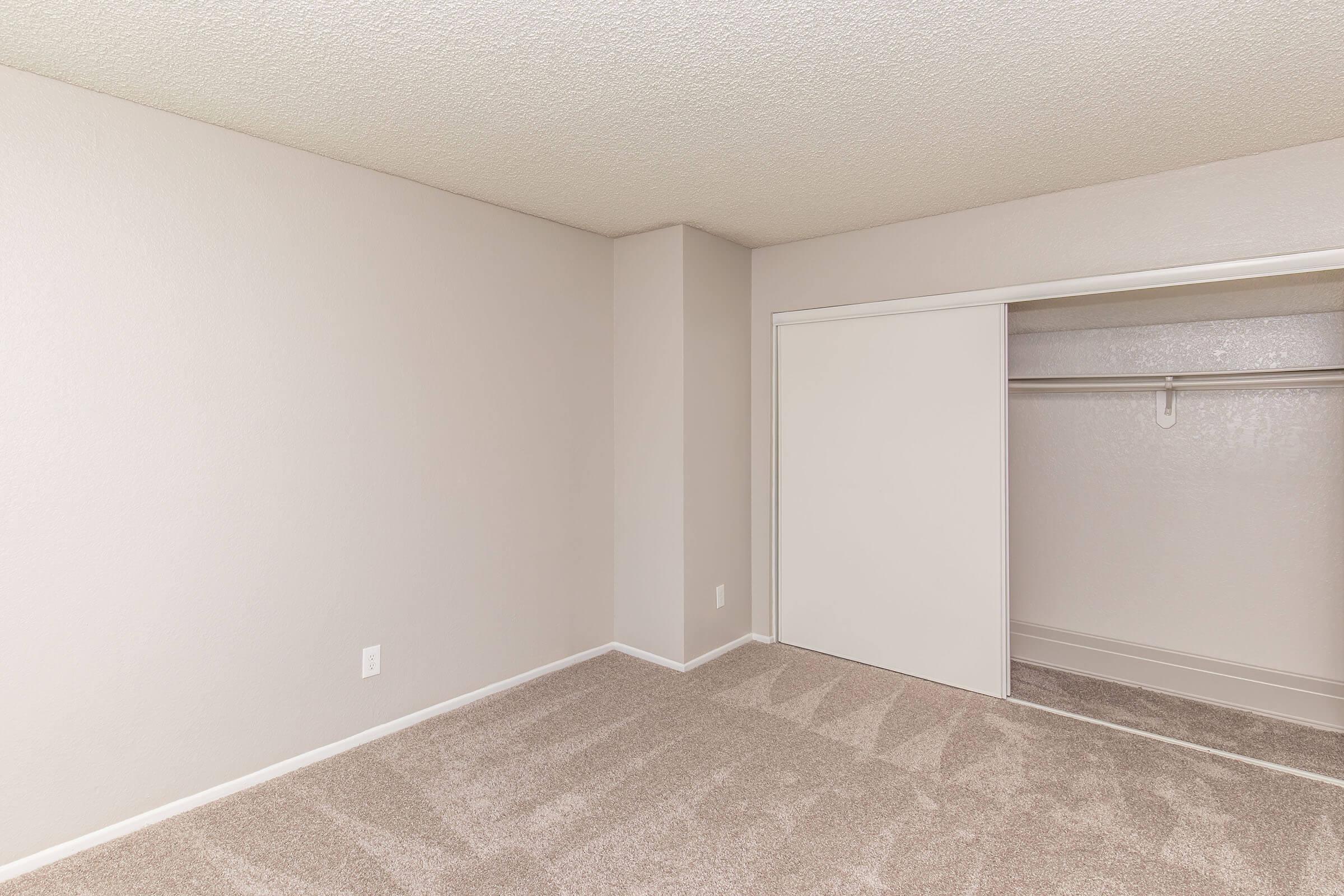 Empty room with light gray walls and carpeted floor. A blank wall features a closed white closet door. Natural light subtly illuminates the space, creating a clean and minimalistic atmosphere.
