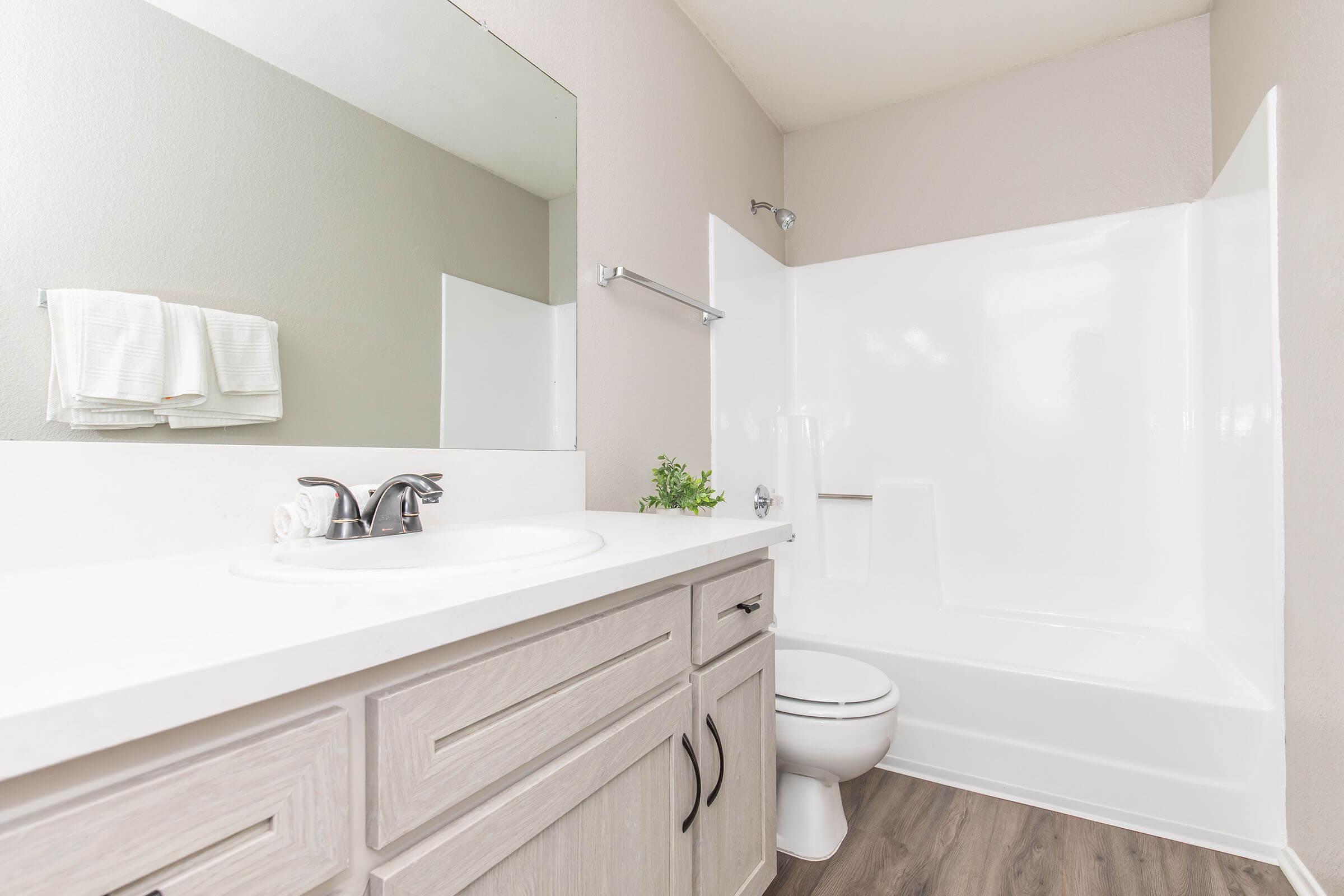 Modern bathroom featuring a white bathtub and shower, a single sink with a stylish faucet, and a large mirror. The light-colored cabinetry offers storage, while neatly arranged towels hang nearby. A small green plant adds a touch of freshness to the minimalist décor.