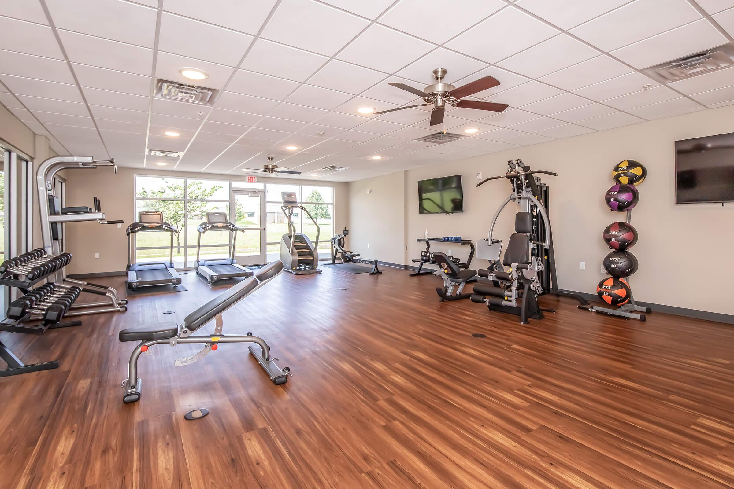 A modern gym interior featuring various exercise equipment, including treadmills, weight benches, and a multi-gym machine. The room has wooden flooring and large windows allowing natural light, with workout balls displayed on the wall. A ceiling fan provides ventilation in the spacious environment.
