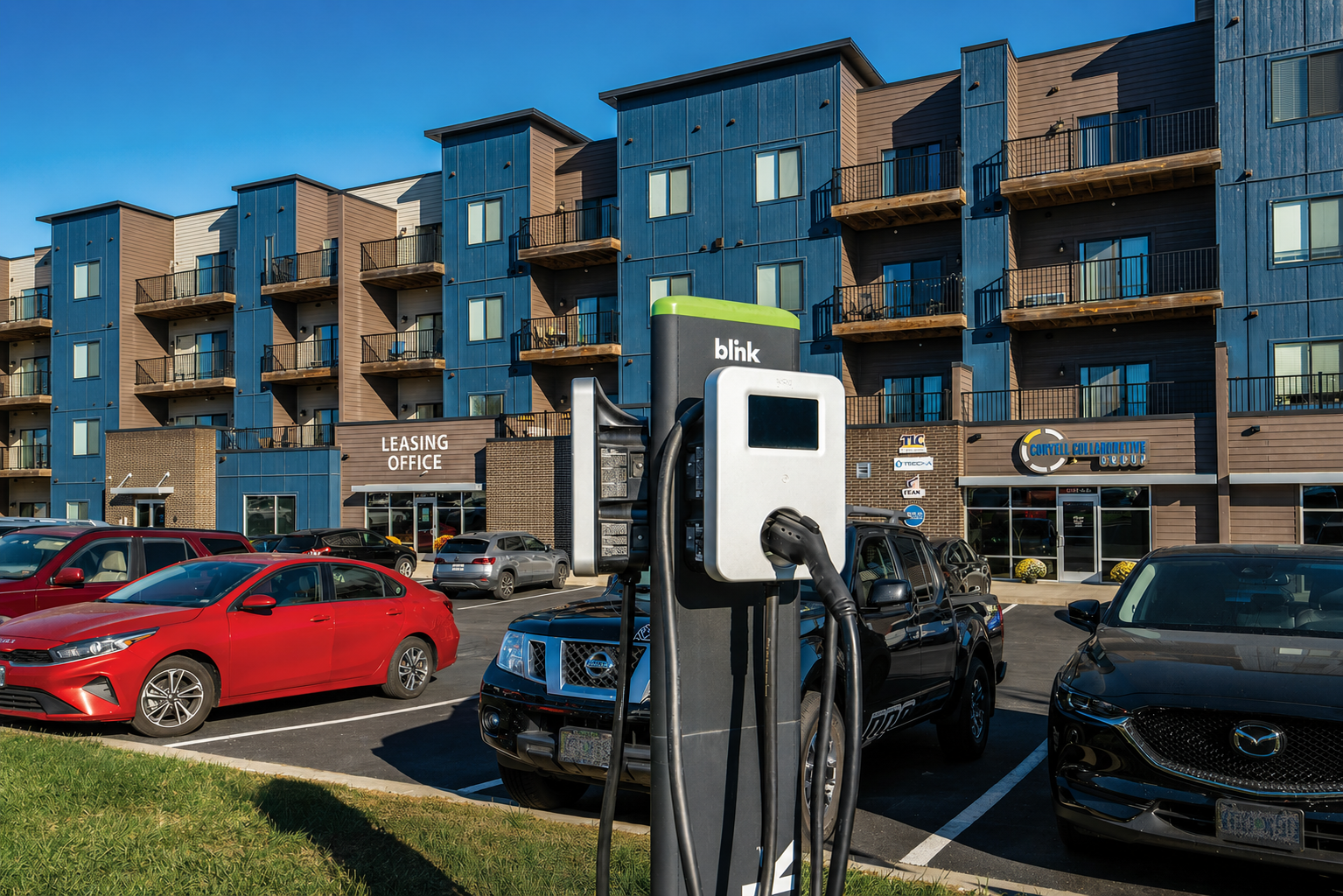 Experience modern living with convenient amenities, including electric vehicle charging stations, stylish apartments, and easy access to community services right at your doorstep.