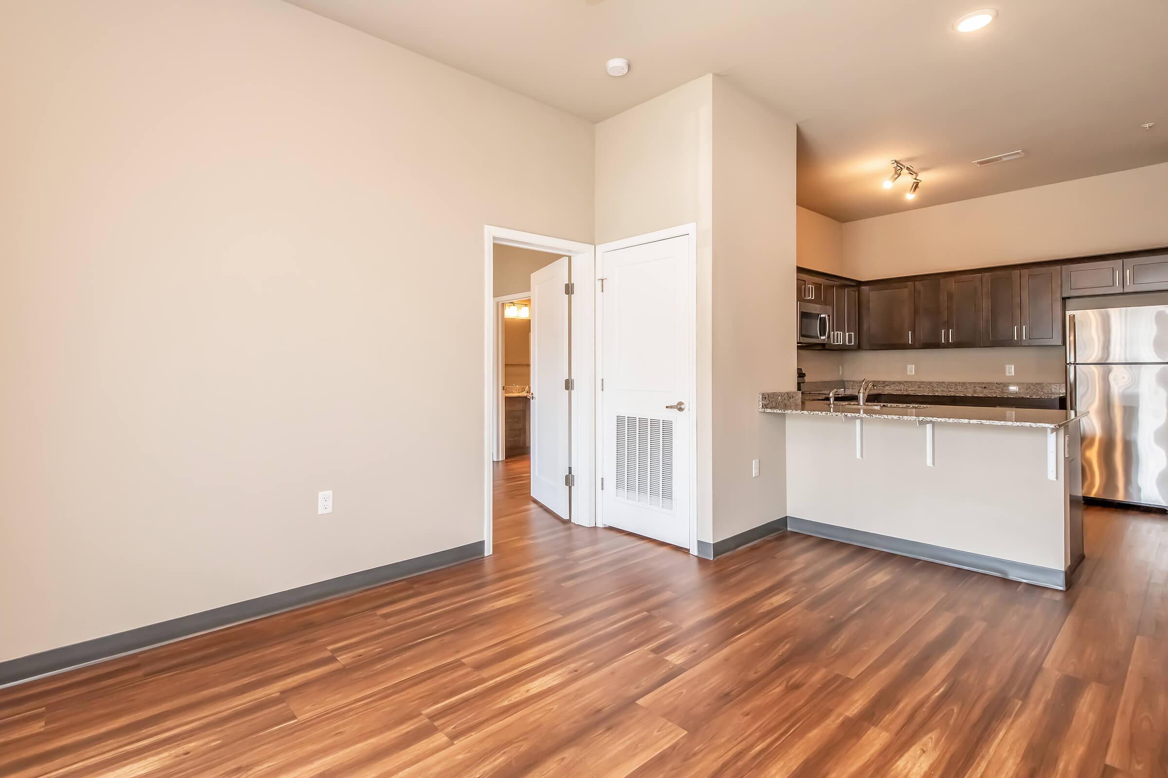 Interior view of a modern apartment featuring open layout. The room has a light beige wall color and dark wood flooring. A kitchen area is visible with dark cabinetry and stainless steel appliances. Doorways lead to other rooms, enhancing the spacious feel of the layout. Natural light is present, creating a welcoming atmosphere.
