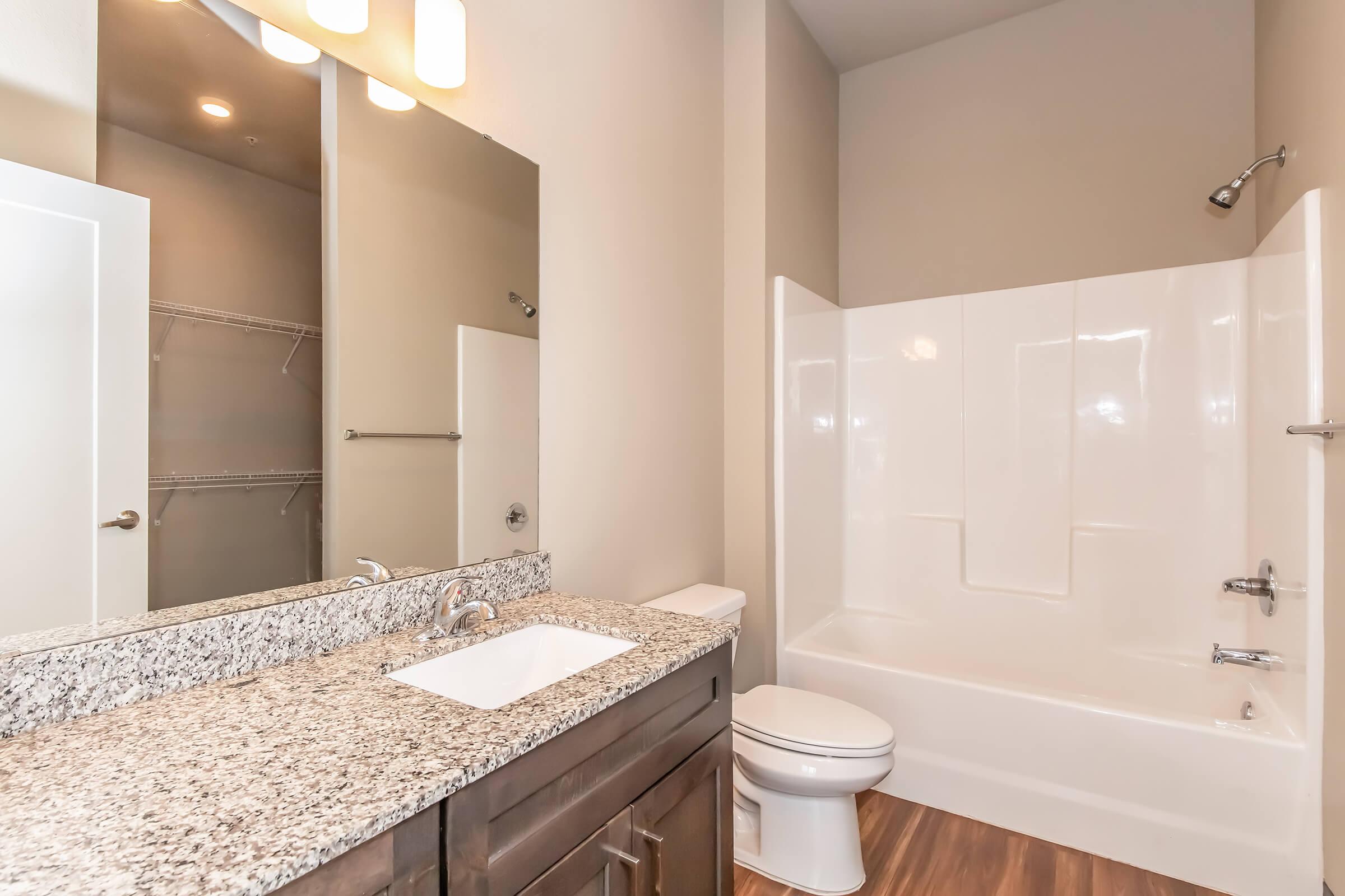 A modern bathroom featuring a bathtub with a white surround, a granite vanity with a sink, a toilet, and a large mirror. The walls are painted in a neutral color, and the floor has a wood-like appearance. A shower fixture is also visible.