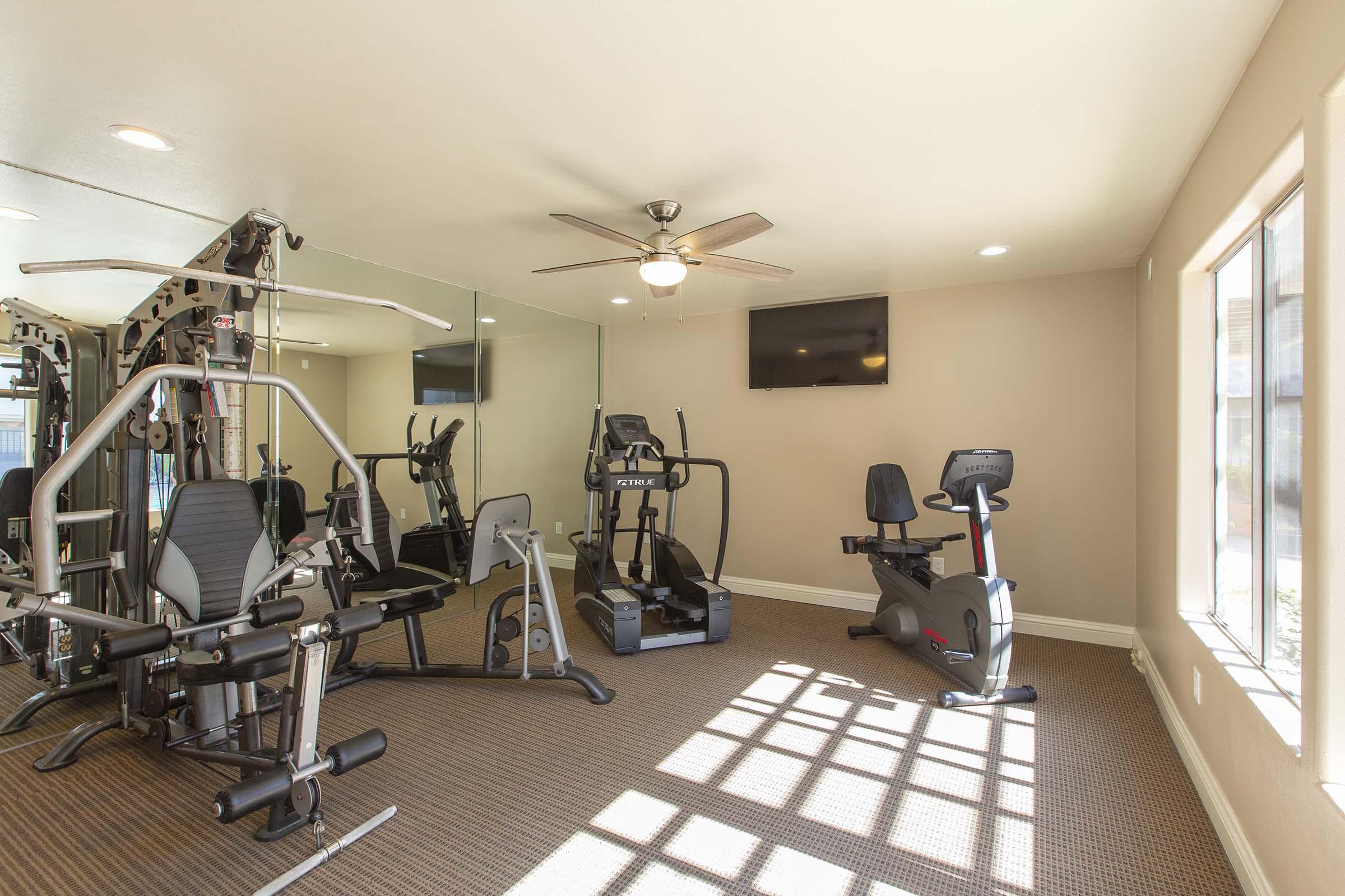 A modern gym featuring various exercise equipment, including a multi-station weight machine, an elliptical trainer, and a stationary bike. Brightly lit with natural light coming through large windows, and a ceiling fan providing ventilation. A flat-screen TV is mounted on the wall.