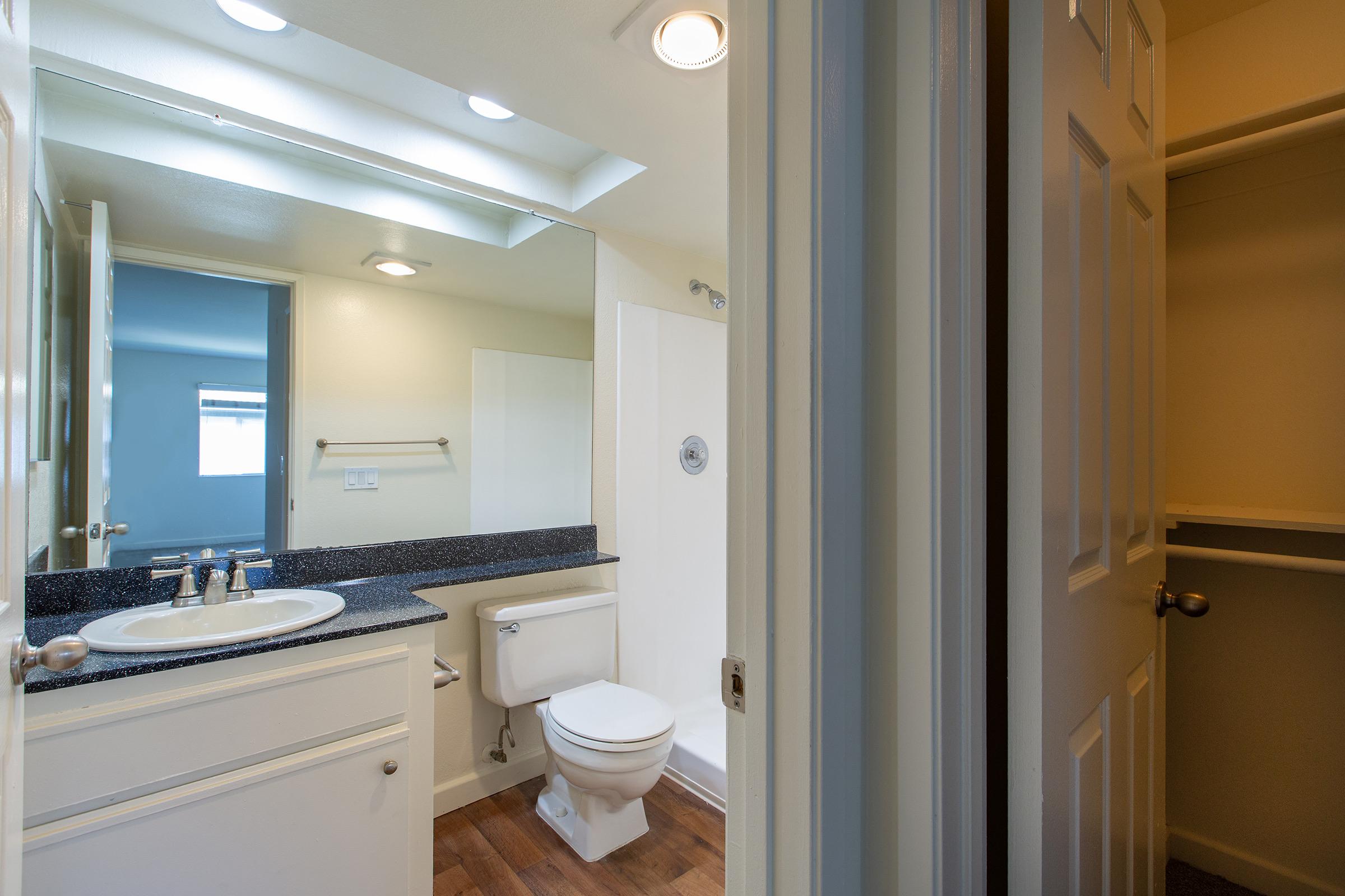A modern bathroom featuring a sink with a dark countertop, a toilet, and a shower. There’s a mirror reflecting the space, and a glimpse of a closet with open doors. The walls are painted a light color, and the floor has wooden tiles, creating a clean and spacious atmosphere.