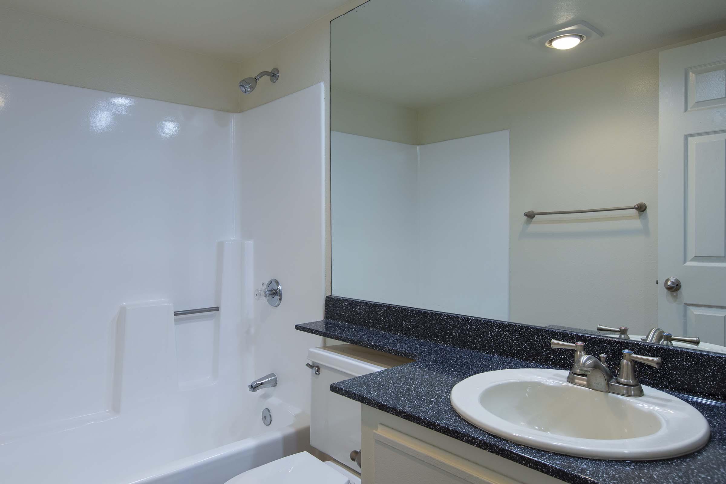 A modern bathroom featuring a white bathtub and shower combination, a dark granite countertop with a sink, a large mirror above the sink, and a light-colored wall. The space is well-lit, giving a clean and inviting appearance.