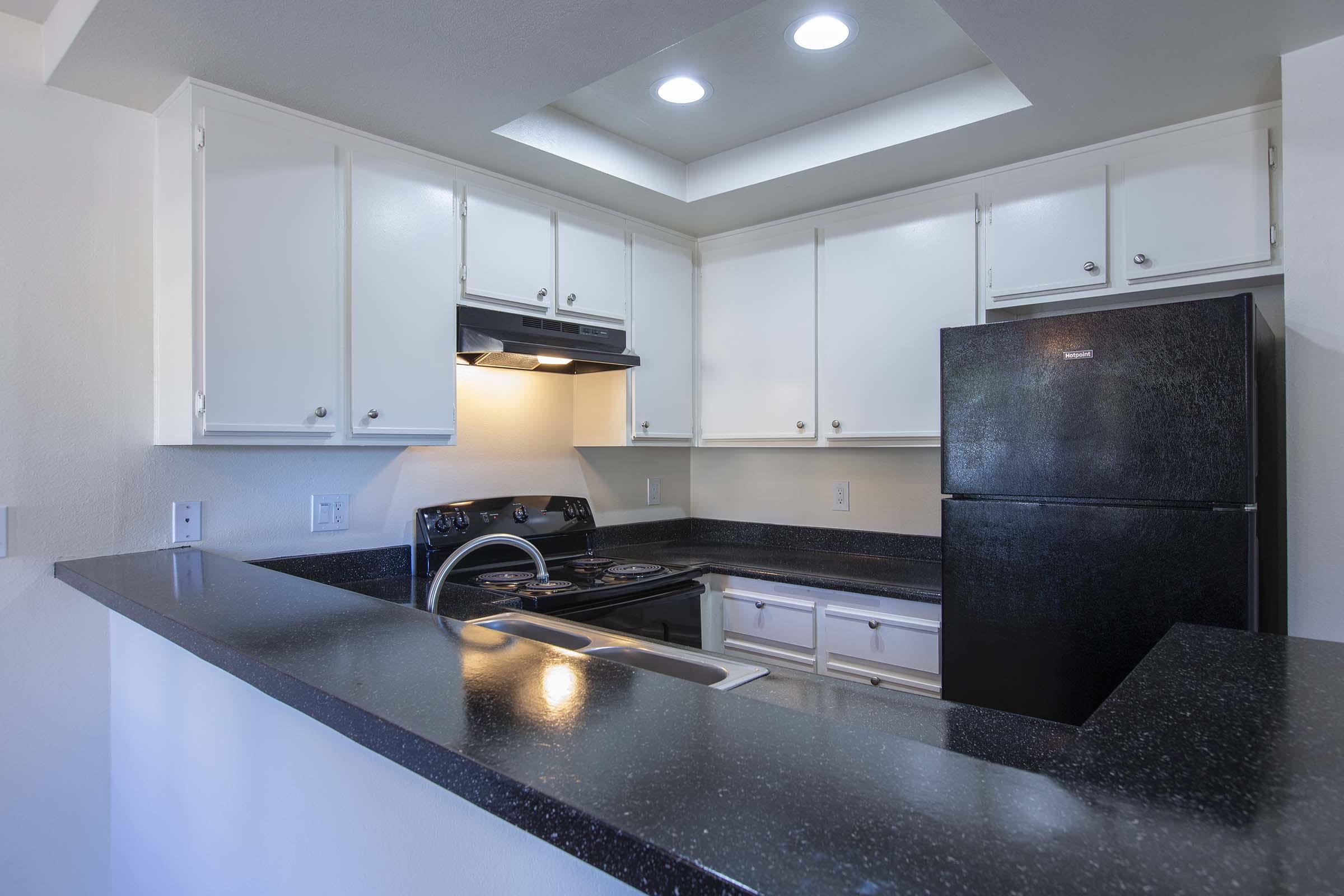 Modern kitchen featuring white cabinetry, a black refrigerator, and a stainless steel stove. The countertop is dark, creating a contrast with the white walls. Recessed lighting is installed in the ceiling, providing ample illumination. The kitchen has an open layout, visible from an adjoining room.