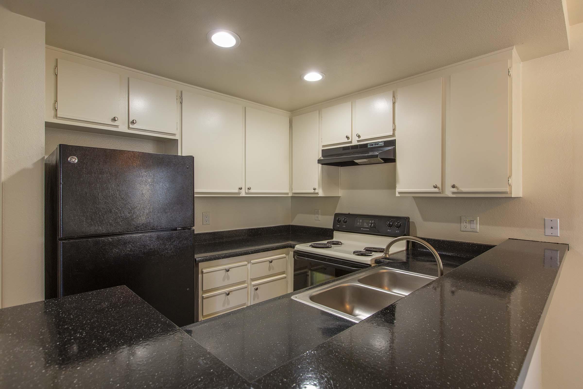 A modern kitchen featuring white cabinets, a black refrigerator, and a stove with an overhead exhaust fan. The countertops are dark and sleek, complementing the cabinetry. There are two sinks, and the overall design is clean and contemporary, suitable for a compact space.