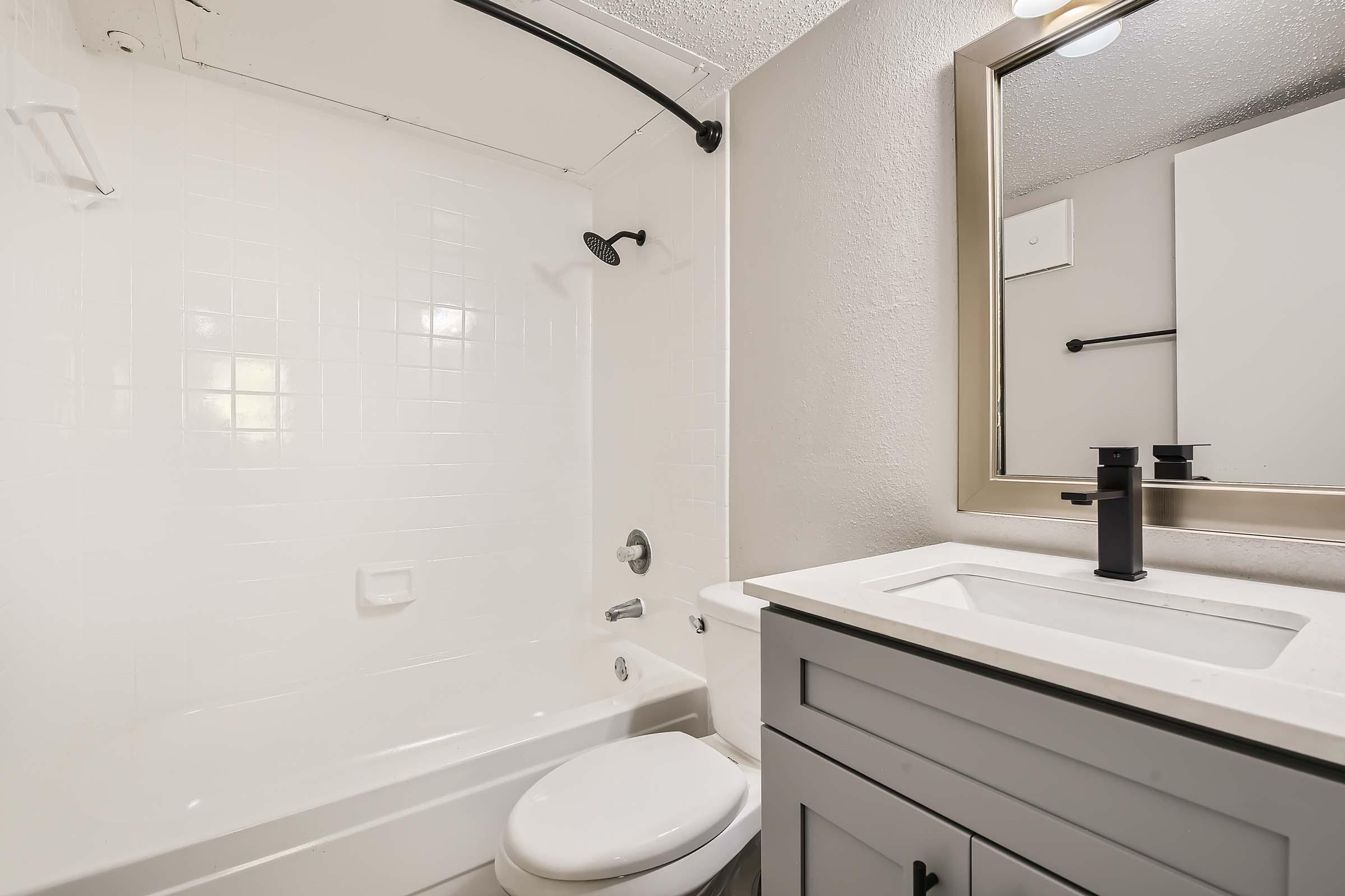"Closeup of Bedford Lake apartment bathroom with a vanity, mirror, shower, and toilet	"