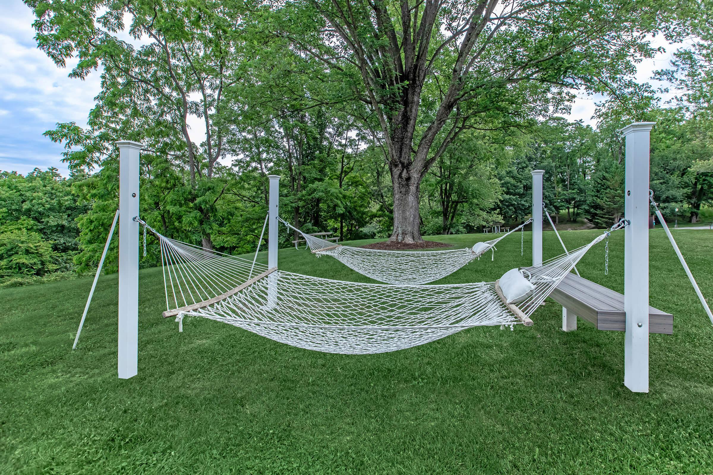 a couple of lawn chairs sitting on top of a lush green field