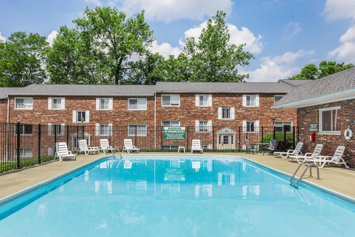 a pool next to a building