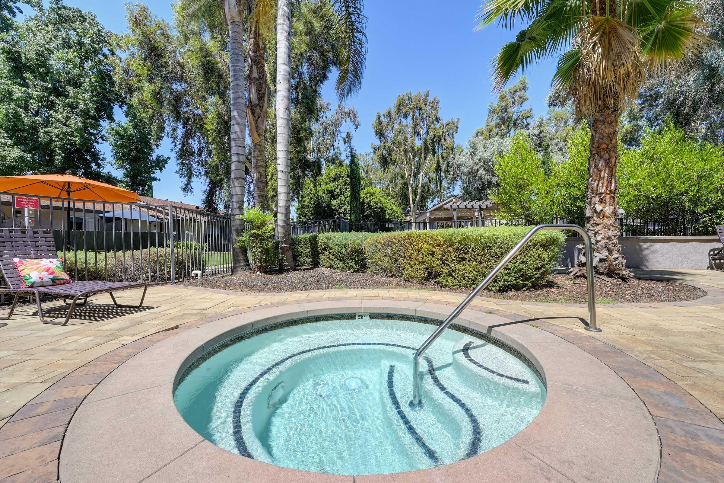 a close up of a spa with palm trees