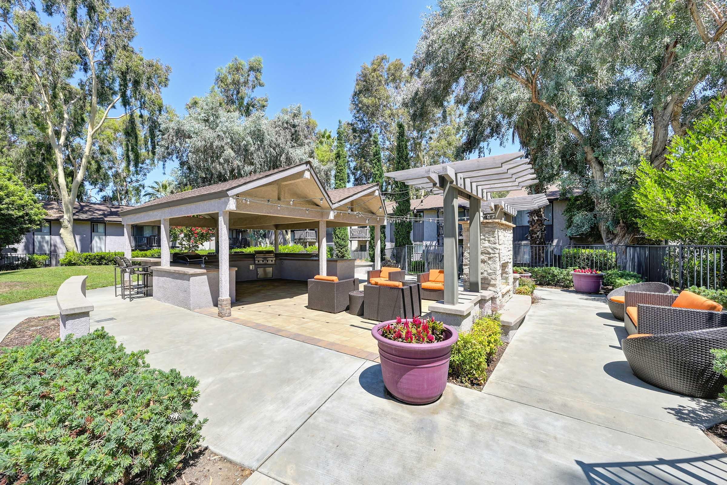 cabanas with seating and plants